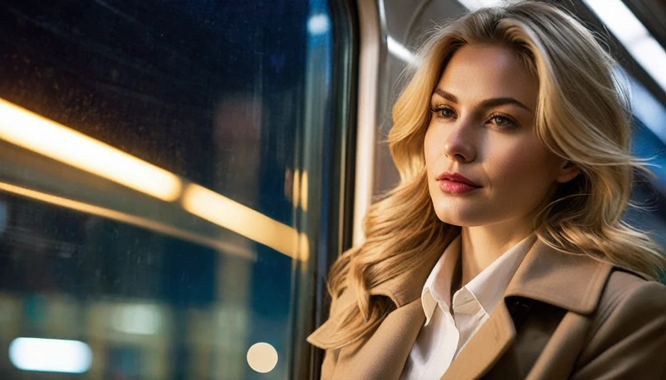 side view, ((half body )) profile portrait photo of a beautiful 35 years old european woman sitting in a train cabin ((at dark night)) beside the window looking out the window of the train can see the moving houses of the megacity with colorful nightlights, reflective surfaces, city lights of the skyscrapers and reflections on the train's window. She is reflected in the train window. The train is travelling through in a megacity at night. She has (long wavy blonde hair blown in the wind), wearing beige colored coat with white blouse, Award - winning photograph, Masterpiece, 16k, ultra high res, hyper detailed, vintage filter,sfumato, chiaroscuro, beautiful woman, perfect face, rule of thirds, highly detailed hair, ((detailed face)), ((detailed facial features)), (finely detailed skin), pale skin, intricate details, amazing fine detail, photorealistic, photograph, photorealism, rich colors, lifelike texture, neutral colors, Soft front light,cinematic lighting, dramatic lighting,dappled light on face, backlight on hair, sharp focus, wide angle, film grain, dslr, raw photo, photographed on Nikon