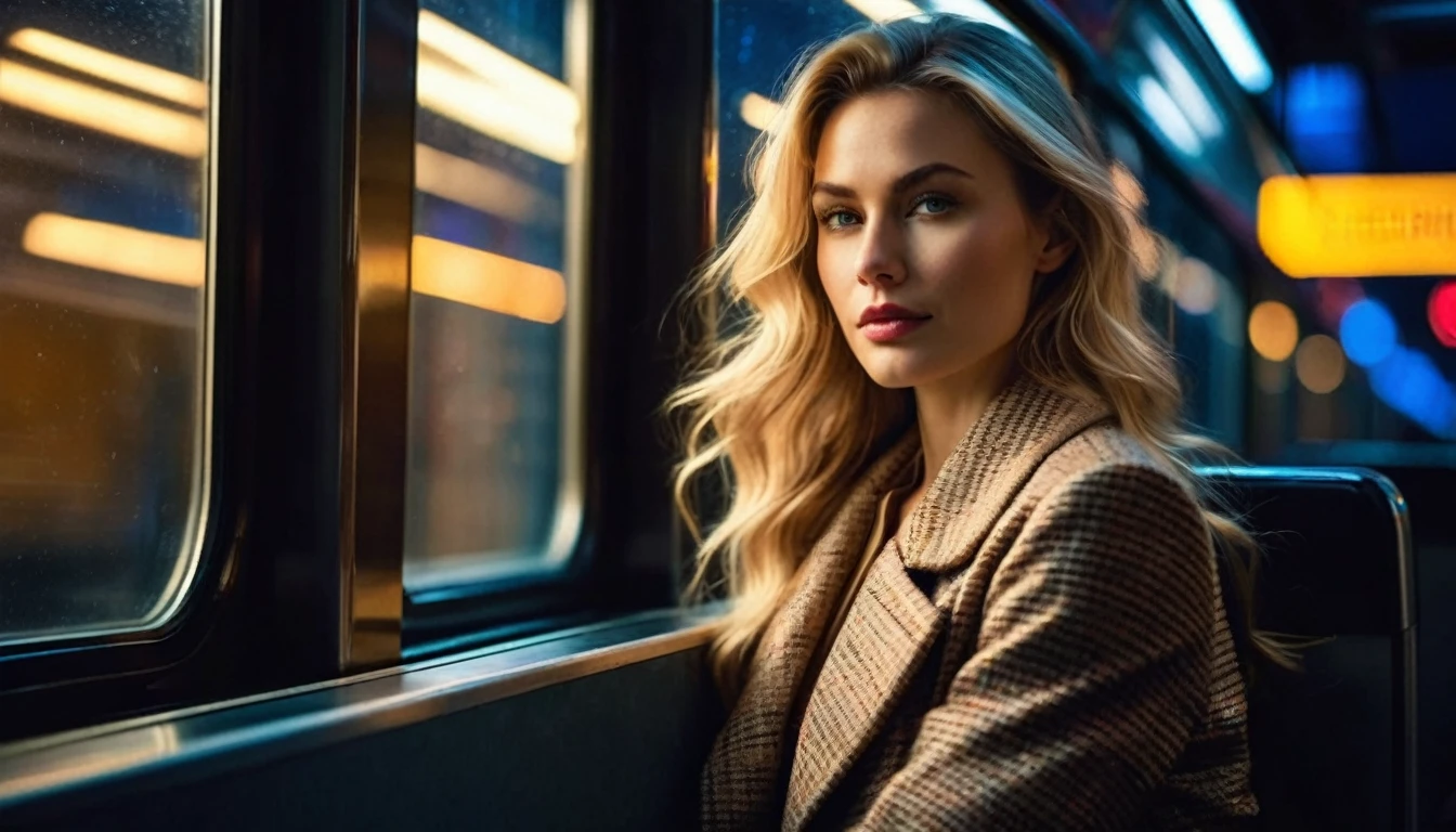 side view, ((half body )) profile portrait photo of a beautiful 35 years old european woman sitting in a train cabin ((at dark night)) beside the window looking out the window of the train can see the moving houses of the megacity with colorful nightlights, reflective surfaces, city lights of the skyscrapers and reflections on the train's window. She is reflected in the train window. The train is travelling through in a megacity at night. She has (long wavy blonde hair blown in the wind), wearing beige colored coat with white blouse, Award - winning photograph, Masterpiece, 16k, ultra high res, hyper detailed, vintage filter,sfumato, chiaroscuro, beautiful woman, perfect face, rule of thirds, highly detailed hair, ((detailed face)), ((detailed facial features)), (finely detailed skin), pale skin, intricate details, amazing fine detail, photorealistic, photograph, photorealism, rich colors, lifelike texture, neutral colors, Soft front light,cinematic lighting, dramatic lighting,dappled light on face, backlight on hair, sharp focus, wide angle, film grain, dslr, raw photo, photographed on Nikon