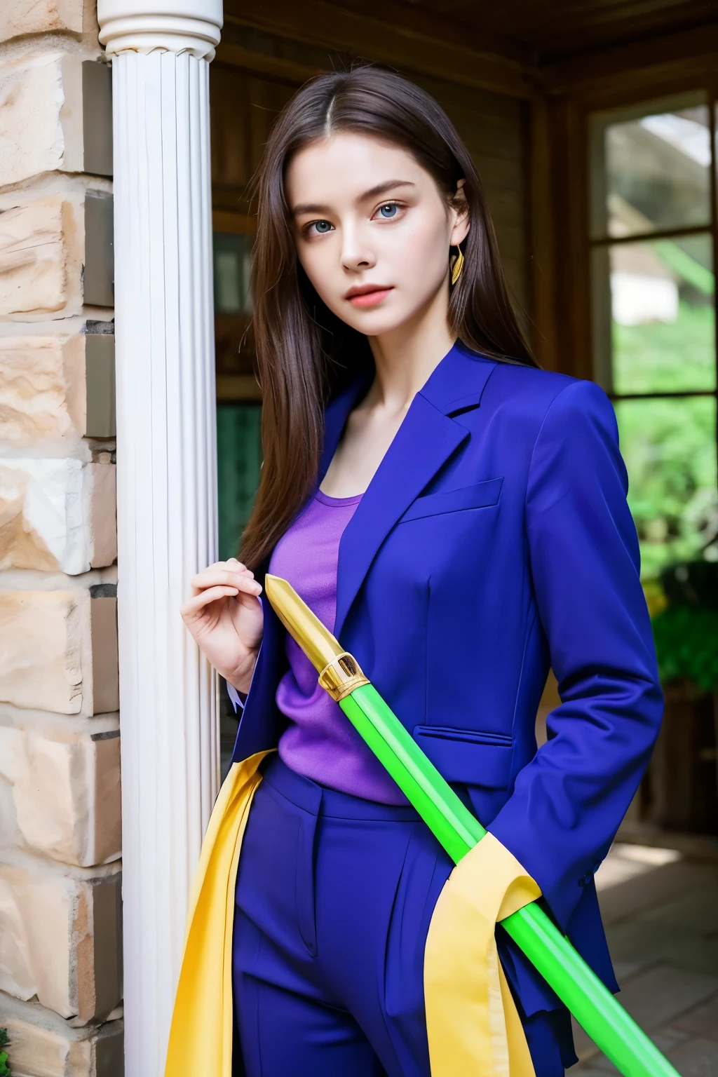 ((best quality)), ((masterpiece)), (detailed), perfect face
A sexy woman is standing in a front house,
 blue eyes, wearing purple suit and holding a green and yellow sword.
 The scene appears to be in aurora light,
 with the individual being the main focus of the image.