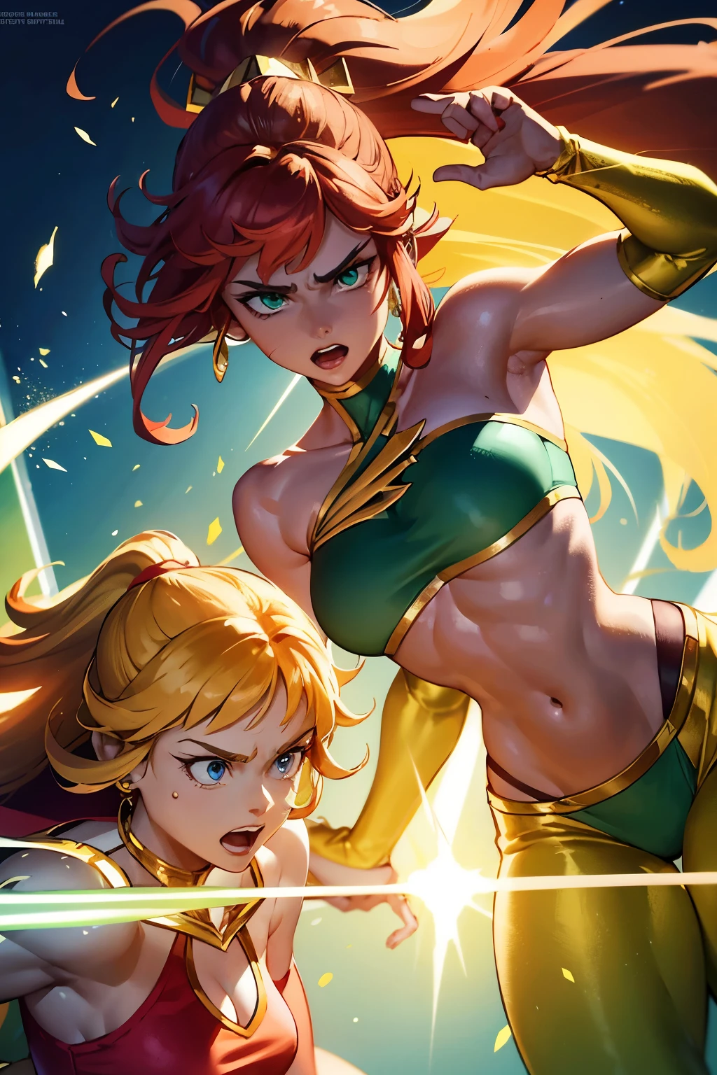 She-Ra and April O'Neil, two powerful women, engage in an epic showdown. The camera captures their fierce expressions and intricate details of their forms in this masterpiece of top quality and high resolution. She-Ra, with her strong, toned physique and flowing red hair, stands proudly with her sword at the ready. Her face, filled with determination and focus, is illuminated by the ambient soft lighting. April O'Neil, on the other hand, exudes intelligence and courage in her green jumpsuit and brown ponytail. Her eyes, filled with intensity and resolution, lock onto She-Ra's. They both bring a unique charm to the scene