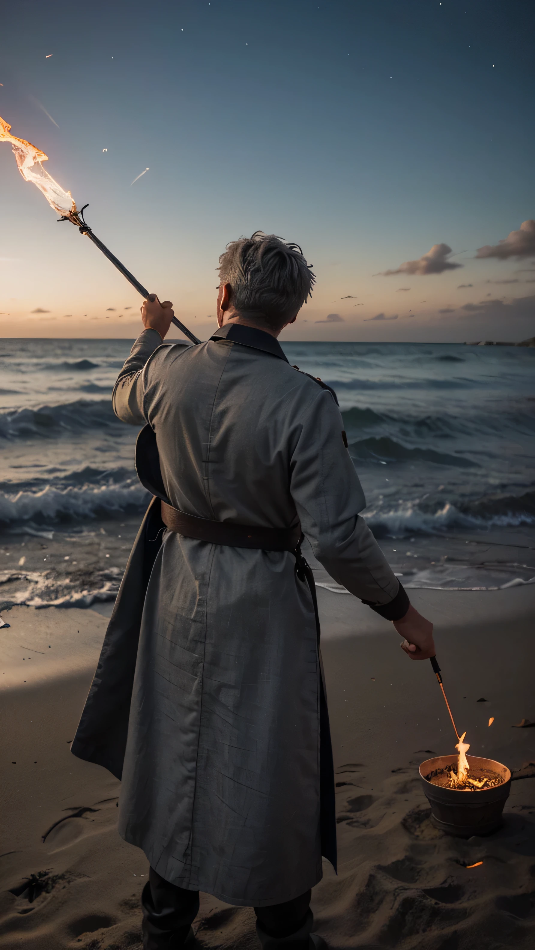 A man with short grey hair from behind with medieval cloth facing to the sky with magic wand with fire aura in his hand pointing to the sky, in the beach background in the dark night. 
