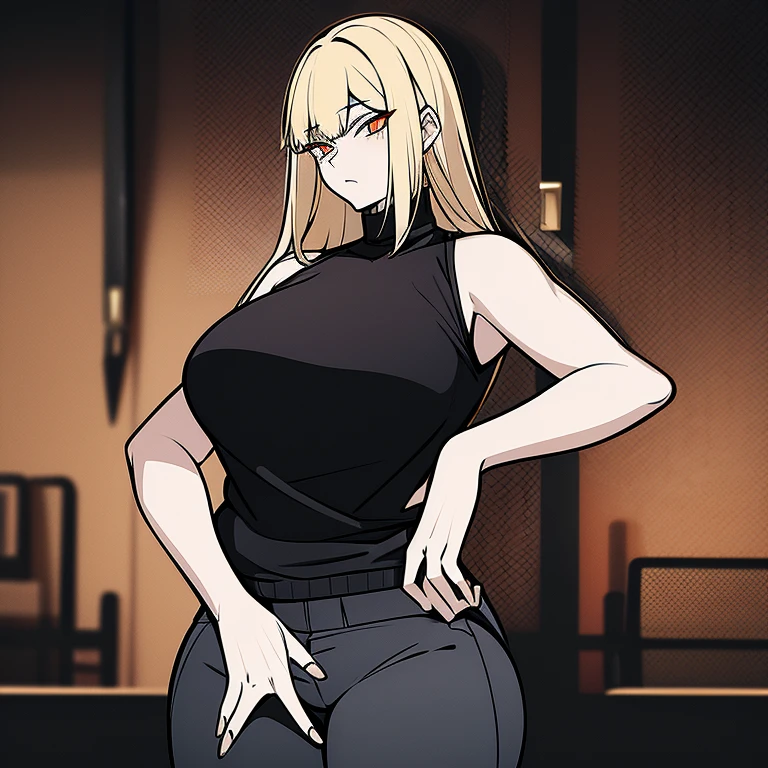 Woman with black hair that fades to blonde on the bottom tips, glowing golden eyes, bloody cuts and bruises along body, wearing black golden lined sleeveless sweater aswell as black jeans with golden lining