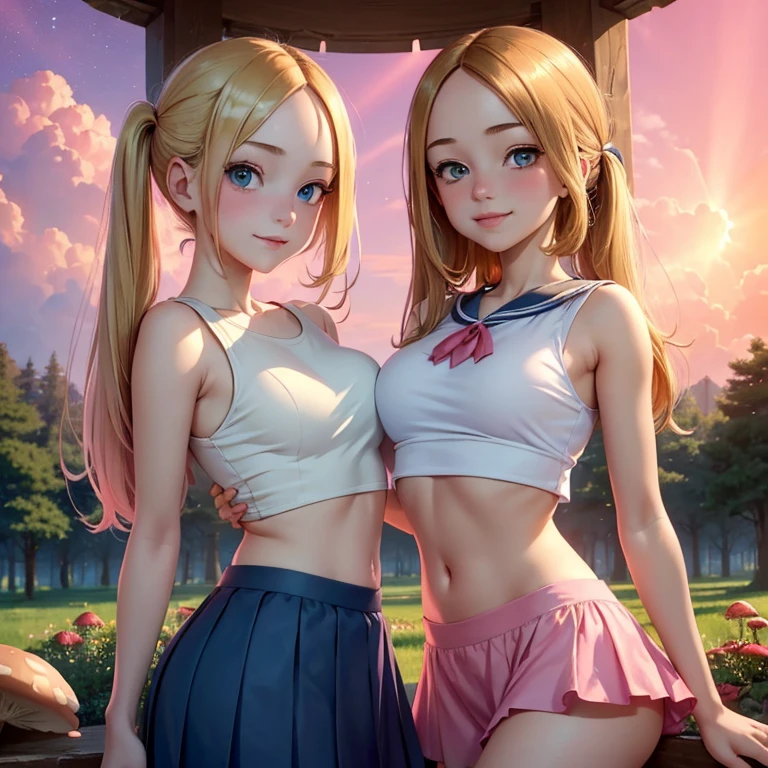 (masterpiece, best quality:1.4), (8K), Young blonde beauty, (((2 girls in love, 18 years old, neat girl))), detailed blue eyes, long eyelashes, blush, kind smile, upper body, sailor uniform top, crop top, underboob, small ass, slender thin legs, pink skirt, (looking at viewer), beautiful blonde hair, white-skinned, long hair, bangs, pigtails, squeezing (medium size breasts), (mushroom forest, celestial forest, beautiful and magnificent pink sunshine, majestic sky), colorful natural light)