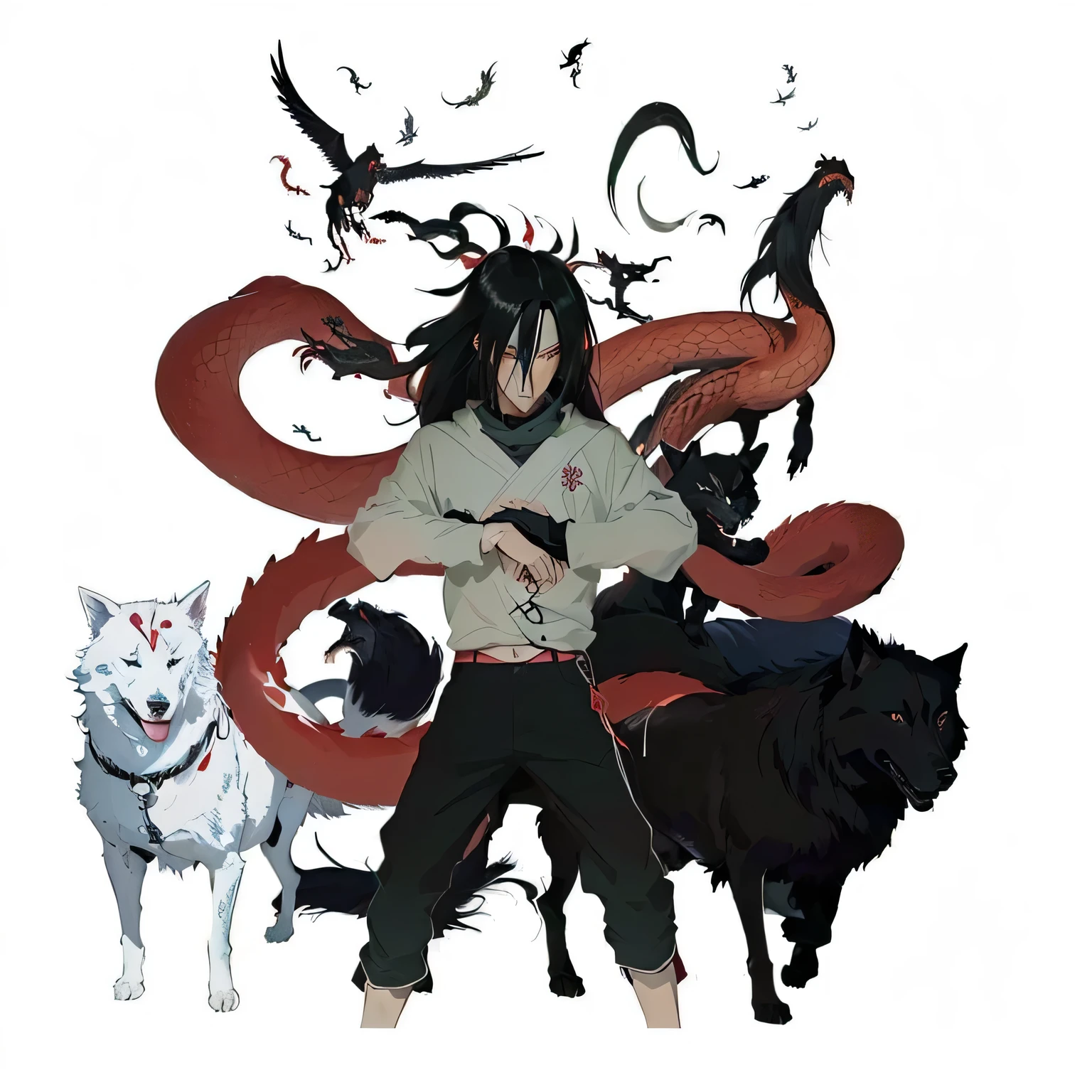 a close up of a person with a dog and a snake, nine tails, itatchi uchiha, madara uchiha, sasuke uchiha, from naruto, epic anime style, itachi uchiha, itachi, human and dragon fusion, akatsuki akira, anime!!!!, inspired by Kanō Hōgai, inspired by Nōami