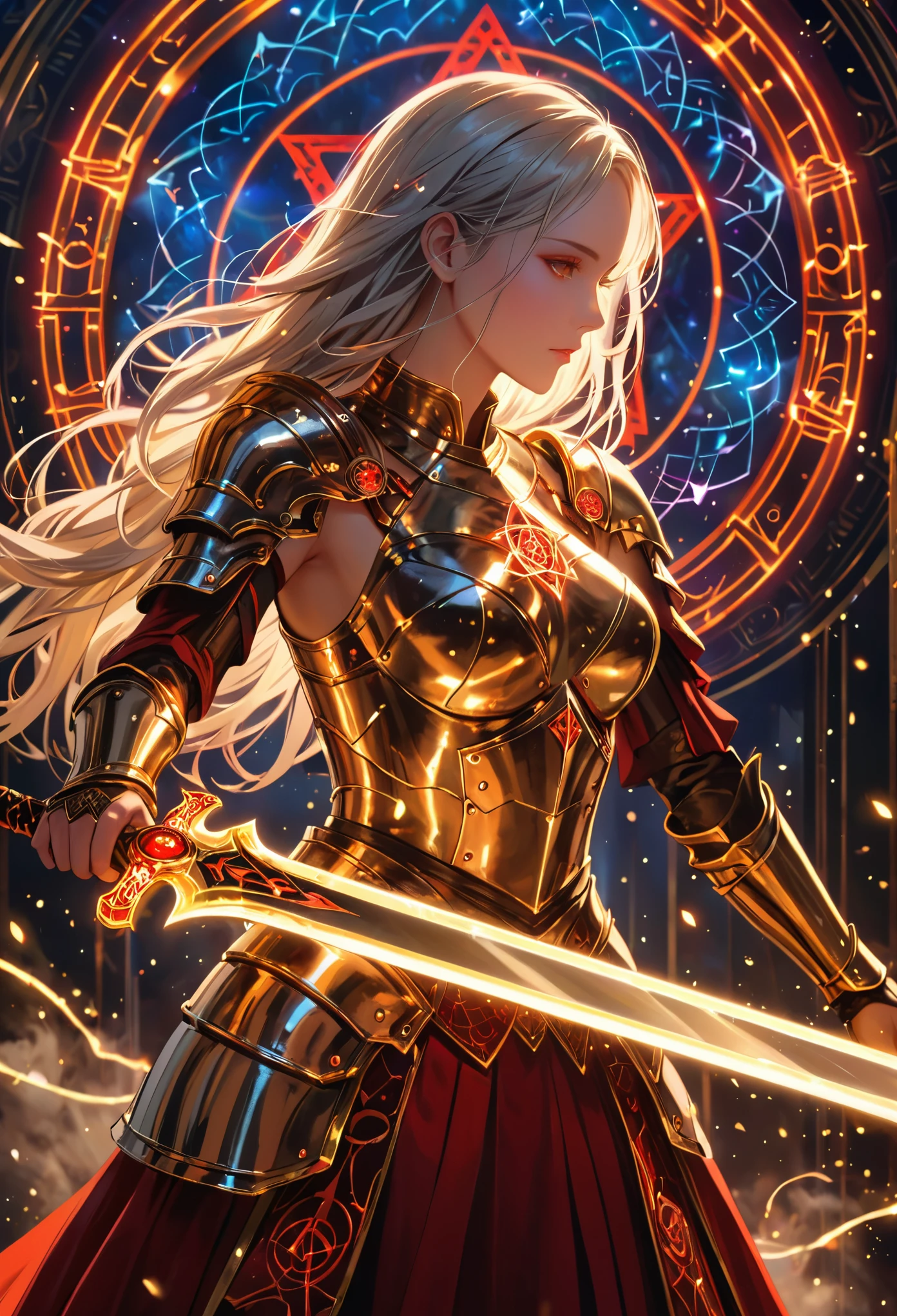 (best quality, masterpiece:1.2), ultra-detailed, a huge glowing golden sword, ancient glowing symbols on the blade, a girl wearing armor, Cuvry Pose,Dynamic Action，long flowing hair, silver armor, black and red electric arc hexagram magic circle background, magical effects, detailed magic circle, detailed hexagram, intricate sword handle texture, thick breath mist., Surrealism, 4k, 8k, highres, best quality, highres, anatomically correct, textured skin