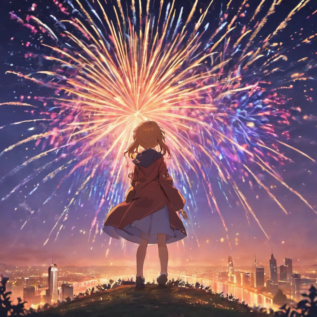 In the vast night sky,(Brilliant fireworks:1.3)Bursting with colorful light,Bloom in an instant(Beautiful picture:1.2)。People's eyes are attracted by this brilliant sight,They all looked up at the sky,Let out cheers of joy。
