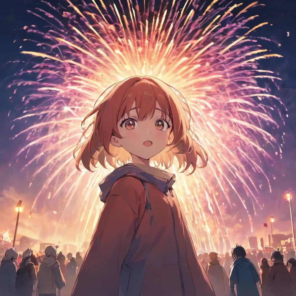 In the vast night sky,(Brilliant fireworks:1.3)Bursting with colorful light,Bloom in an instant(Beautiful picture:1.2)。People's eyes are attracted by this brilliant sight,They all looked up at the sky,Let out cheers of joy。