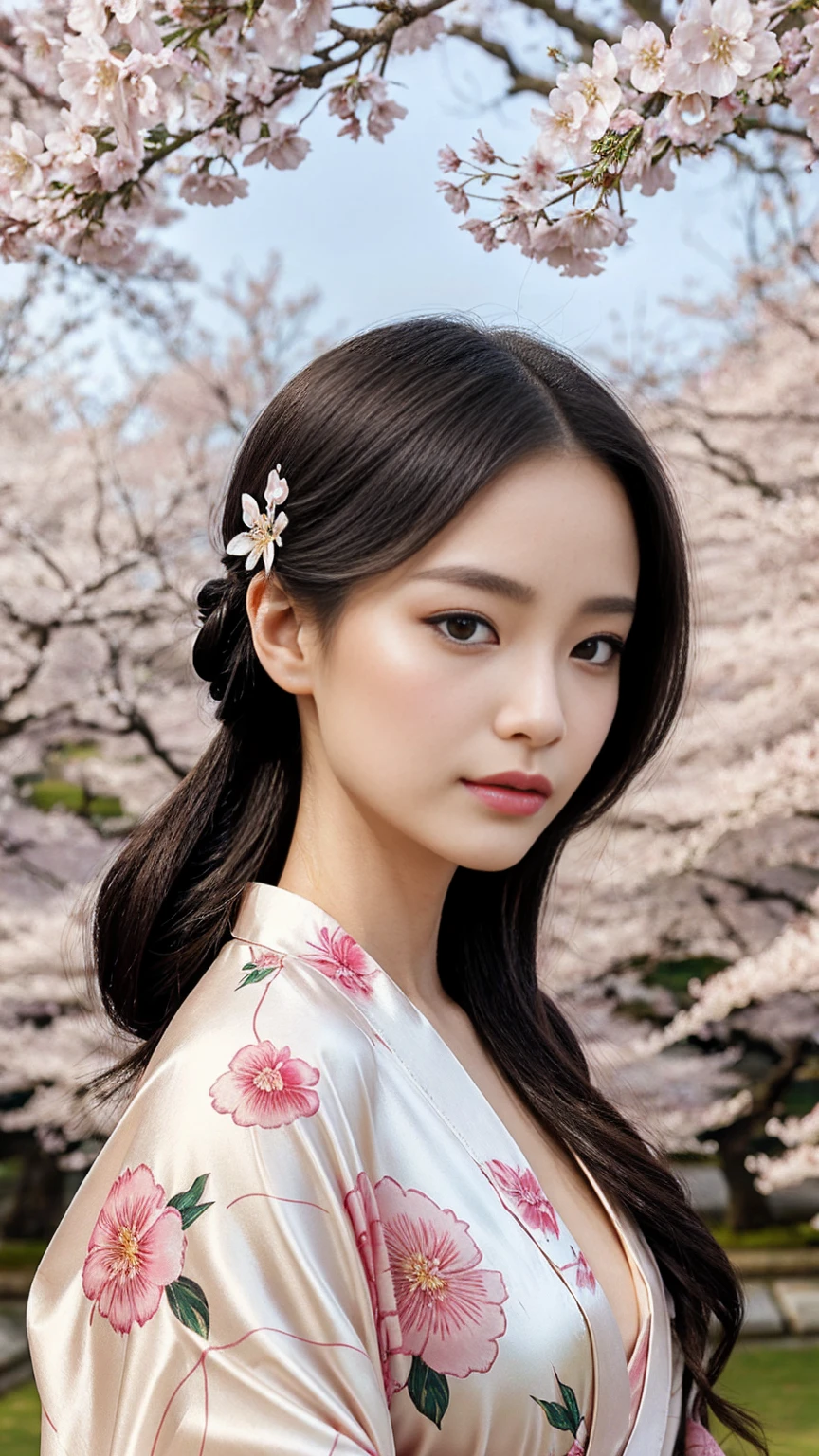 Silk Kimono Robe with Floral Print: Luxurious silk kimono robe featuring a delicate floral print, evoking a sense of elegance and femininity. Captured against the backdrop of the serene cherry blossom gardens of Kyoto, Japan, with blooming sakura trees and tranquil ponds. The model possesses ethereal beauty with doe-like eyes, a delicate nose, and full, petal-soft lips. Her makeup is fresh and romantic with flushed cheeks and a glossy nude lip, while her hair is styled in a sleek chignon adorned with delicate floral pins.