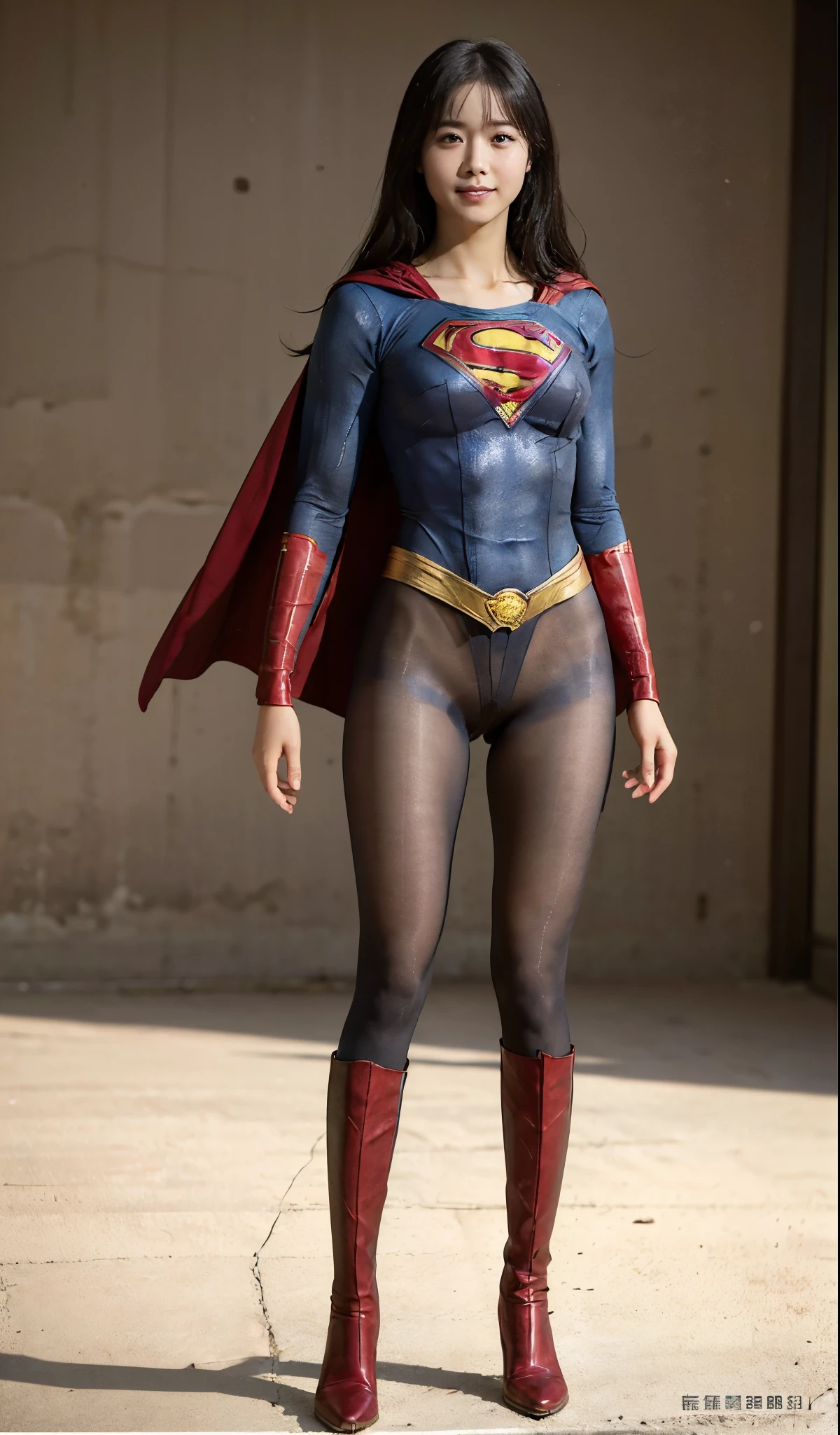No background、(((Beautiful legs in black tights.)))、(((Legally express the beauty of your smile)))、((((Make the most of your original images)))、(((Supergirl Costume)))、(((Beautiful Hair)))、(((suffering)))、(((Please wear black tights....、Wear red boots)))、((Best image quality、8K))、((highest quality、8K、masterpiece:1.3))、(((Preserve background )))、Sharp focus:1.2、Beautiful woman with perfect figure:1.4、Thin abdominal muscles:1.2、Wet body:1.5、Highly detailed face and skin texture、8K