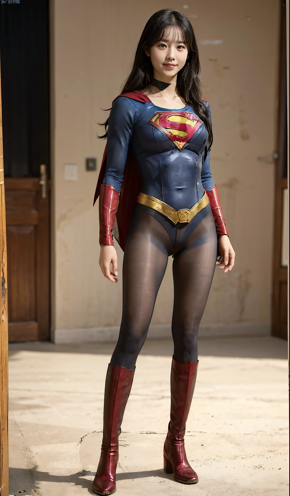 No background、(((Beautiful legs in black tights.)))、(((Legally express the beauty of your smile)))、((((Make the most of your original images)))、(((Supergirl Costume)))、(((Beautiful Hair)))、(((suffering)))、(((Please wear black tights....、Wear red boots)))、((Best image quality、8K))、((highest quality、8K、masterpiece:1.3))、(((Preserve background )))、Sharp focus:1.2、Beautiful woman with perfect figure:1.4、Thin abdominal muscles:1.2、Wet body:1.5、Highly detailed face and skin texture、8K