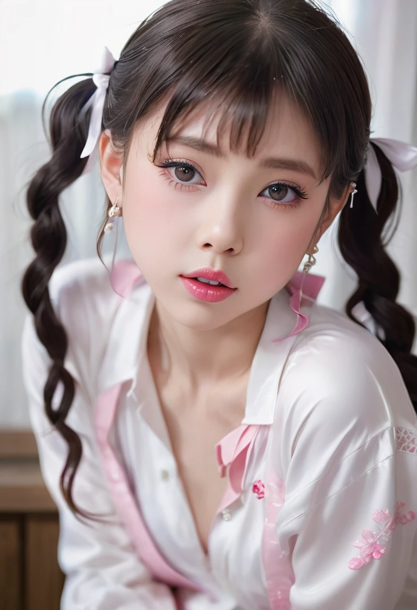 (masterpiece, best quality: 1.2),10-year-old twintails child，colloid， Sexy eyes，Exquisite eyes，The expression of a kiss，Wet pink and white sexy lips， colloid皮肤，Slim body，earrings（（White clothes）），full-body shot