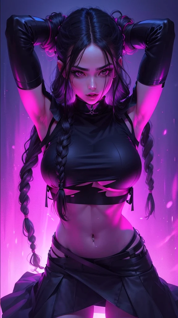 Beautiful girl , long braided black hair, slim fit body , crop top mini skirt, slim waist, rosy lips ,
, big breasts , dark mascara, pointy chin