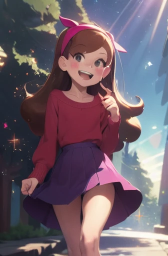 (medium:1.1), vibrate colors, Mabel Pines, day, masterpiece, best quality, Mabel, 1girl, centered, ***, flat chest, beautiful detailed eyes, beautiful detailed lips, whimsical, detailed landscape, Gravity Falls mystic, depth of field, night, light particles, light rays, sidelighting, thighs, fate \(series\), solo, long hair, red sweater, long sleeves, brown hair, black eyes, pink hairband, star \(symbol\), purple skirt, smile, braces, open mouth, sweet, shoes, blush stickers, round teeth, buck teeth, tree, blue sky, wide hips, outdoors, Gravity Falls style, stars, glitter, 
