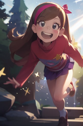 (medium:1.1), vibrate colors, Mabel Pines, day, masterpiece, best quality, Mabel, 1girl, centered, ***, flat chest, beautiful detailed eyes, beautiful detailed lips, whimsical, detailed landscape, Gravity Falls mystic, depth of field, night, light particles, light rays, sidelighting, thighs, fate \(series\), solo, long hair, red sweater, long sleeves, brown hair, black eyes, pink hairband, star \(symbol\), purple skirt, smile, braces, open mouth, sweet, shoes, blush stickers, round teeth, buck teeth, tree, blue sky, wide hips, outdoors, Gravity Falls style, stars, glitter, 
