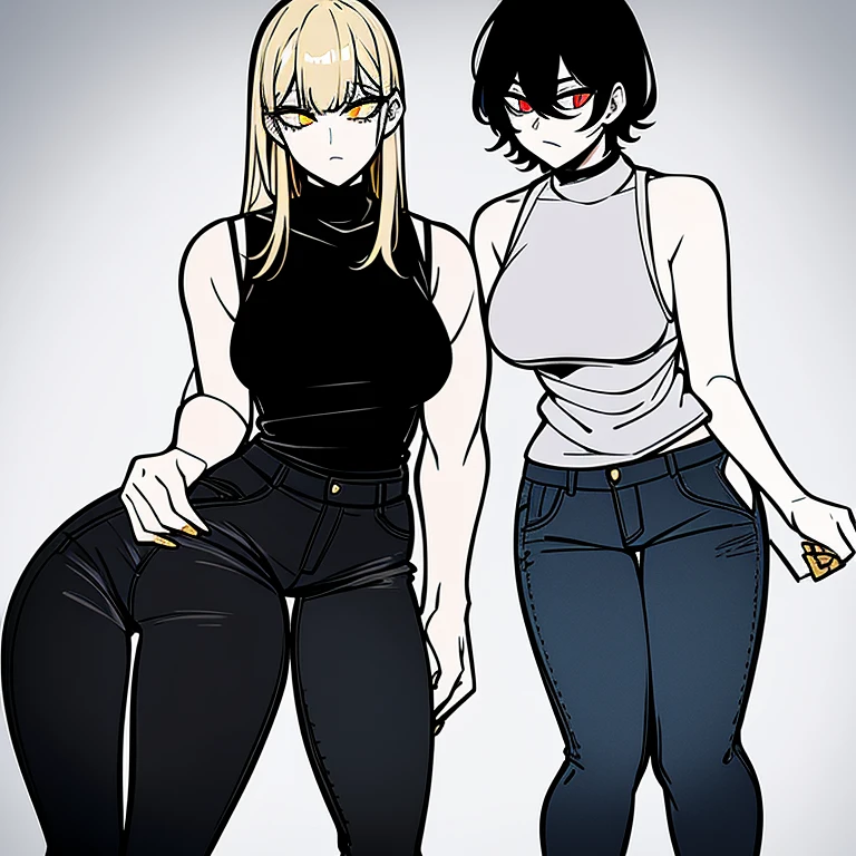 Woman with cuts and brusies along body black hair that fades to blonde on the bottom tips, glowing golden eyes, bloody cuts and bruises along body, wearing black golden lined sleeveless sweater aswell as black jeans with golden lining