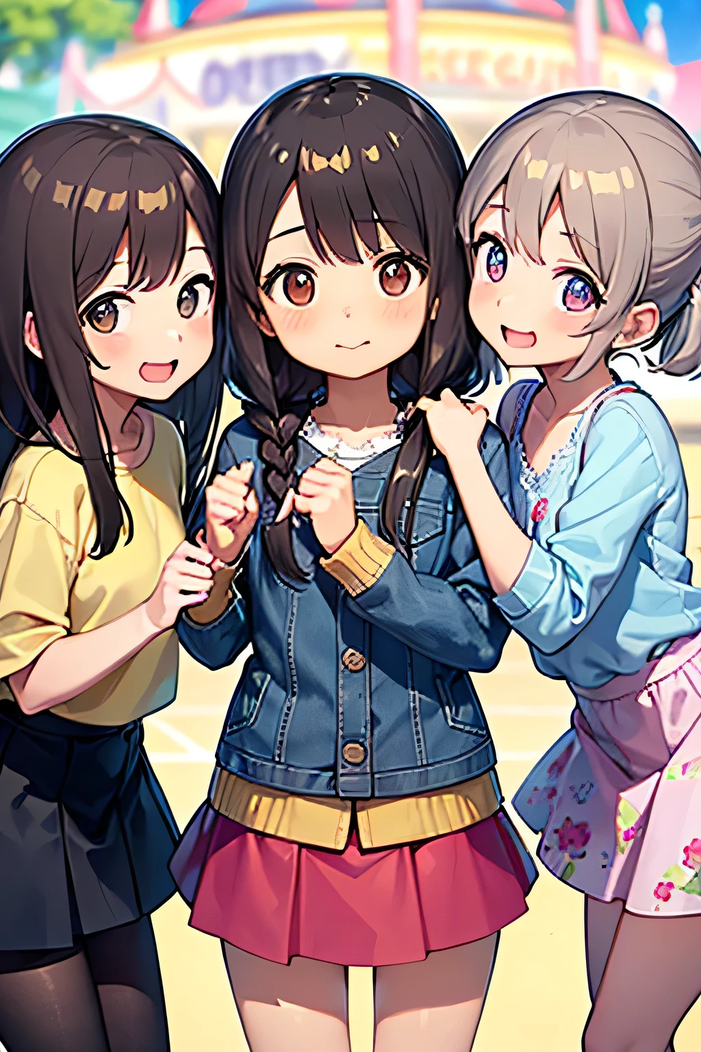 highest quality、High resolution、Detailed Background、(Beautiful face in every detail:1.4)、Anatomically correct、(Draw the usual number of fingers:1.2)、(Detailed facial expressions)、(Detailed eyes:1.2)、(Detailed eyes:1.2)、Beautiful, smooth skin、Teenage beauty、(Highly detailed face:1.4)、cute hair color、Brown Hair、Black Hair、Braided Ponytail、Braided bob cut、Braided long hair、well-groomed eyebrows、Perfect body line、Cowboy Shot、

(Three pretty girls having fun with friends at an amusement park:1.5)、

Looking at me with a big smile、

Choose a mini skirt in a bright spring color.、Flared skirts and pleated skirts are fashionable.、Pair it with a simple camisole top for a lighter look.、If you want to keep it casual, pair it with a denim jacket and sneakers.、

Choose a mini skirt with a spring-like pattern or botanical print.、A-line and tight skirts are fashionable.、Pair the top with a blouse that has frills or lace details for a feminine look.、At my feetPair with heels or ballet shoes for a neat look.、

Choose a pleated mini skirt for a feminine look、Pastel colors and patterns are fashionable、Pair it with a light knit top or sweater for a spring look.、At my feet、Pair with loafers or heels、Add a neat look、cute