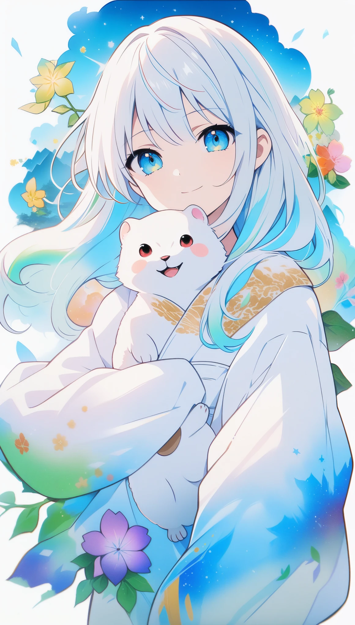 **Japanese anime, A picture that looks like it was drawn with Copics,crystal style, crystal clear,girl with ferret, under the blue moon, ferret, it was meticulously written, picture with elaborate writing, cute girl over smile, with Ferret,Flower, bold and strong line drawing, vivid acrylic painting, vivid thick paint, vivid, plain background, beautiful proof, highest resolution 16K, beautiful anime girl that is betrayeded by a Ferret, hair is short, ferret, Beautiful lightcyan high lights in her beautiful kind eyes, background is twinkle,Beautiful girl with a loose airy bright colorful hair with diamond high lights,Transparent dress, ,thick aquarelle colors,colorful,honeydew and diamond, lightcyan and white and light Effects,wallpaper,architecture,High quality, high image quality, great amount of drawing,pixiv illustration, transparency, Japanese anime,upper body,white tone, delicate brushwork,distinct color,