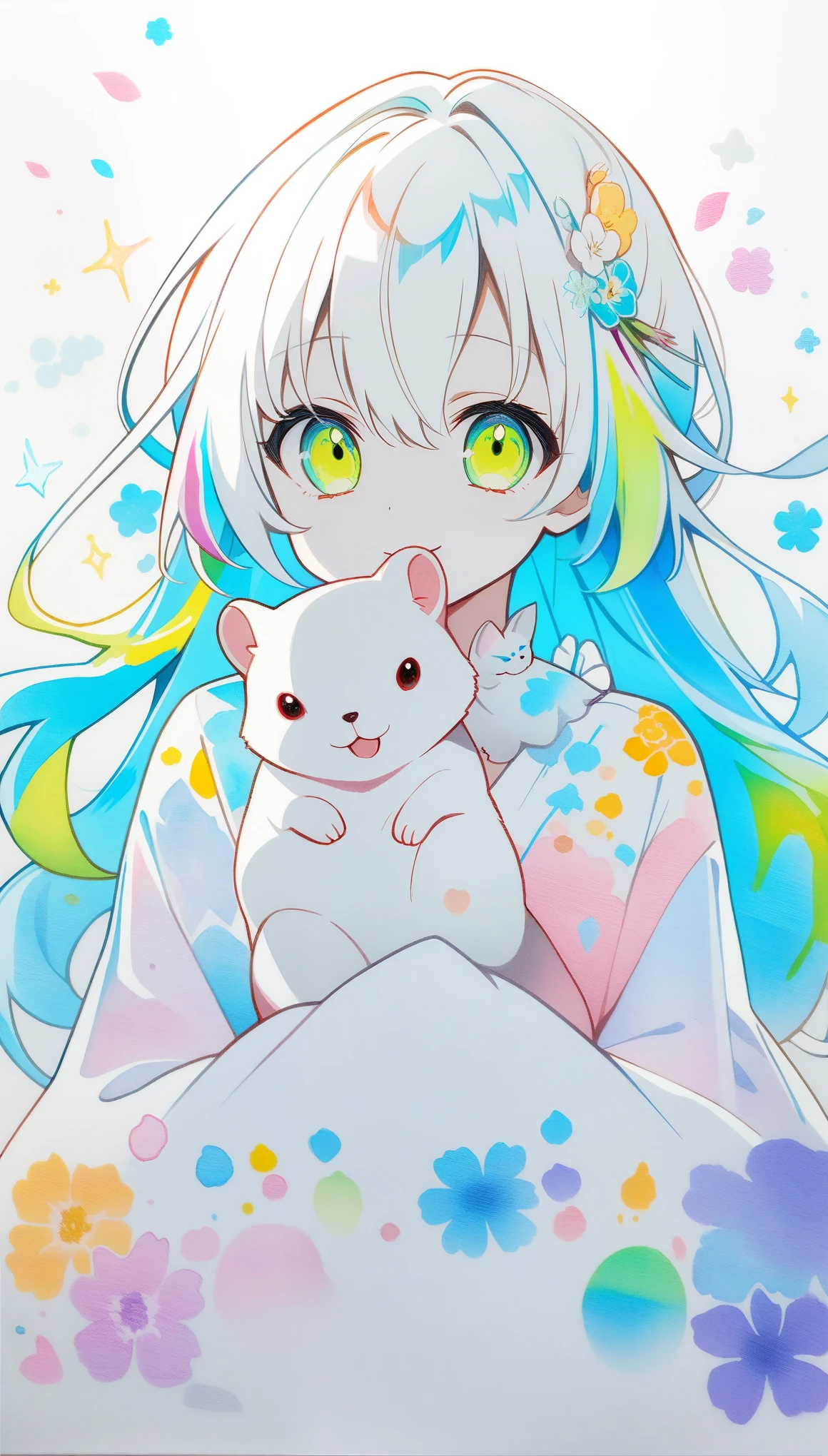 **Japanese anime, A picture that looks like it was drawn with Copics,crystal style, crystal clear,girl with ferret, under the blue moon, ferret, it was meticulously written, picture with elaborate writing, cute girl over smile, with Ferret,Flower, bold and strong line drawing, vivid acrylic painting, vivid thick paint, vivid, plain background, beautiful proof, highest resolution 16K, beautiful anime girl that is betrayeded by a Ferret, hair is short, ferret, Beautiful lightcyan high lights in her beautiful kind eyes, background is twinkle,Beautiful girl with a loose airy bright colorful hair with diamond high lights,Transparent dress, ,thick aquarelle colors,colorful,honeydew and diamond, lightcyan and white and light Effects,wallpaper,architecture,High quality, high image quality, great amount of drawing,pixiv illustration, transparency, Japanese anime,upper body,white tone, delicate brushwork,distinct color, 