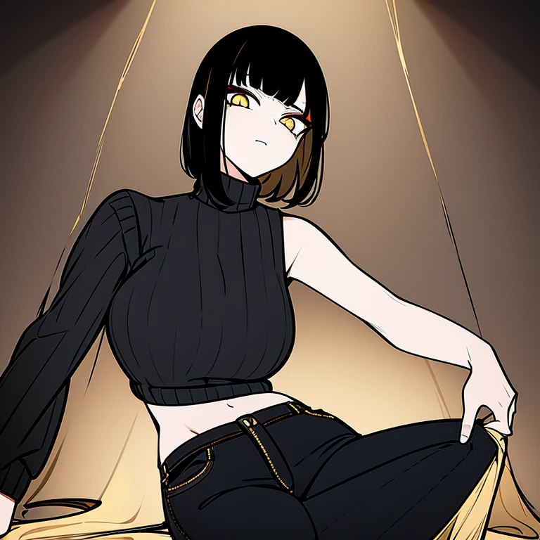 Woman with black hair that fades to blonde on the bottom tips, glowing golden eyes, bloody cuts and bruises along body, wearing black golden lined sleeveless sweater aswell as black jeans with golden lining