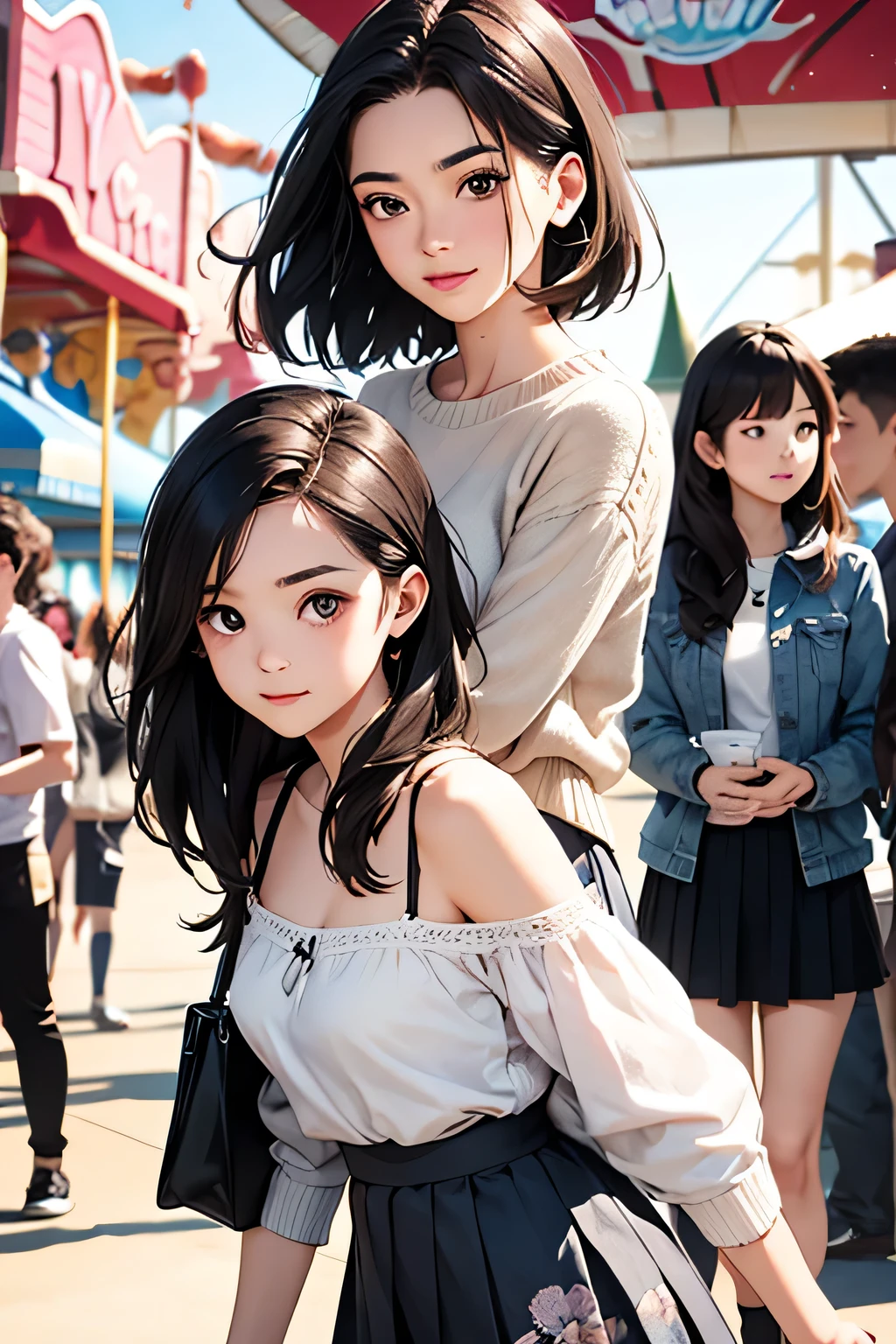highest quality、High resolution、Detailed Background、(Beautiful face in every detail:1.4)、Anatomically correct、(Draw the usual number of fingers:1.2)、(Detailed facial expressions)、(Detailed eyes:1.2)、(Detailed eyes:1.2)、Beautiful, smooth skin、Teenage beauty、(Highly detailed face:1.4)、cute hair color、Brown Hair、Black Hair、Braided Ponytail、Braided bob cut、Braided long hair、well-groomed eyebrows、Perfect body line、Cowboy Shot、
(Three pretty girls having fun with friends at an amusement park:1.5)、
Looking at me with a big smile、
Choose a mini skirt in a bright spring color.、Flared skirts and pleated skirts are fashionable.、Pair it with a simple camisole top for a lighter look.、If you want to keep it casual, pair it with a denim jacket and sneakers.、
Choose a mini skirt with a spring-like pattern or botanical print.、A-line and tight skirts are fashionable.、Pair the top with a blouse that has frills or lace details for a feminine look.、At my feetPair with heels or ballet shoes for a neat look.、
Choose a pleated mini skirt for a feminine look、Pastel colors and patterns are fashionable、Pair it with a light knit top or sweater for a spring look.、At my feet、Pair with loafers or heels、Add a neat look、cute