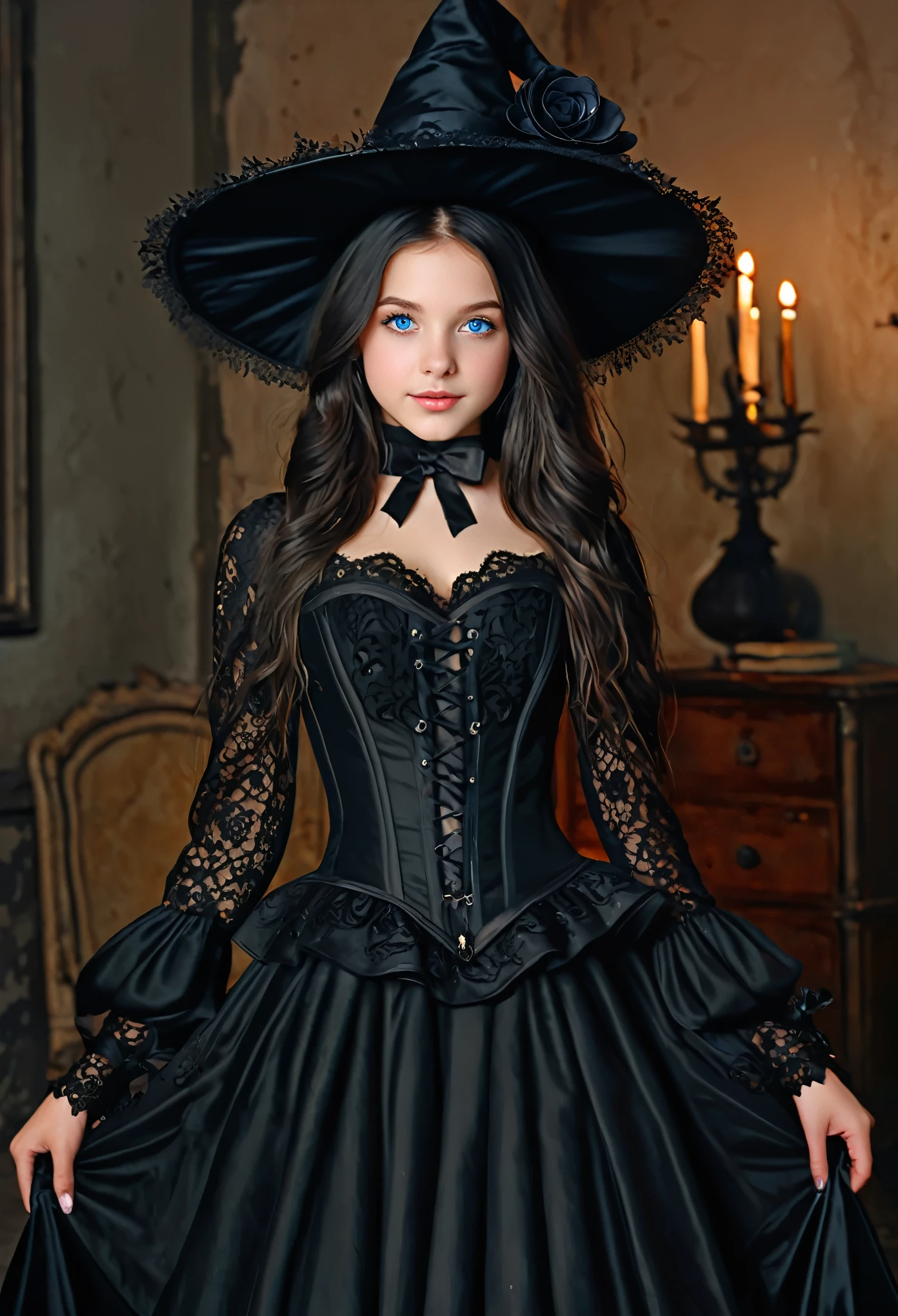 best quality,ultra-detailed,realistic,photorealistic,blue-eyed,long-haired girl looks happy,beautiful detailed eyes,beautiful detailed lips,long eyelashes,best quality painting,detailed,physically-based rendering,ultra-fine painting,fine details,painting,a teenage boy has been magically transformed into a cute witch girl,gender bending,witches are helping dressing up the new girl,girl happily getting dressed in a stunning black victorian dress, physically-based rendering,gorgeous dress design,flowing gown,elaborate lace details,rich textures,contrast stitching,delicate ribbon bows,floral accents,full skirt,high neckline,long sleeves,fitted waistline,flared cuffs,lace-up back,luxurious fabrics,flawless silhouette,high heels, pink-eyed girl,effeminate face,pointy hat,high heels,corset,long black hair,witches assisting in dressing up the new girl in a stunning black Victorian dress, inside an abandoned castle with worned out furniture and occult symbol,moonlit night with a full moon shining above, soft and ethereal lighting, high resolution, 4K, 8K