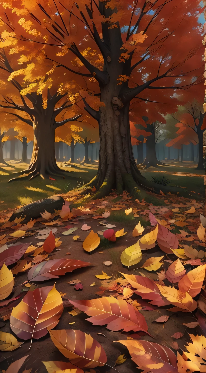 Fantasy autumn with brown fallen leaves, Movie, Very detailed, HD