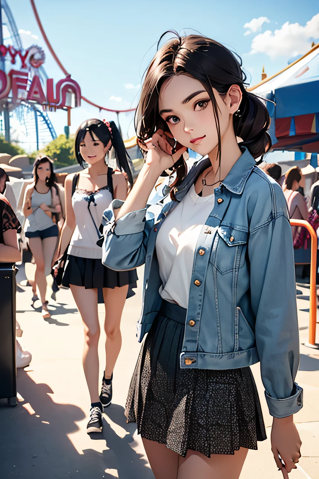 highest quality、High resolution、Detailed Background、(Beautiful face in every detail:1.4)、Anatomically correct、(Draw the usual number of fingers:1.2)、(Detailed facial expressions)、(Detailed eyes:1.2)、(Detailed eyes:1.2)、Beautiful, smooth skin、Teenage beauty、(Highly detailed face:1.4)、cute hair color、Brown Hair、Black Hair、Braided Ponytail、Braided bob cut、Braided long hair、well-groomed eyebrows、Perfect body line、Cowboy Shot、
(Three pretty girls having fun with friends at an amusement park:1.5)、
Looking at me with a big smile、
Choose a mini skirt in a bright spring color.、Flared skirts and pleated skirts are fashionable.、Pair it with a simple camisole top for a lighter look.、If you want to keep it casual, pair it with a denim jacket and sneakers.、
Choose a mini skirt with a spring-like pattern or botanical print.、A-line and tight skirts are fashionable.、Pair the top with a blouse that has frills or lace details for a feminine look.、At my feetPair with heels or ballet shoes for a neat look.、
Choose a pleated mini skirt for a feminine look、Pastel colors and patterns are fashionable、Pair it with a light knit top or sweater for a spring look.、At my feet、Pair with loafers or heels、Add a neat look、cute
