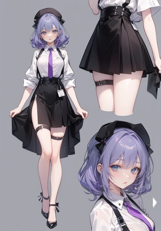 Purple Hair,Shortcuts,Adult female,bartender,((Body Harness)),((Rolling up his sleevesＹshirt)),High heels,,((Simple Background)),smile,((Full Body)),((full body)),((whole body)),Character Sheet,upright,,Both arms hanging straight down