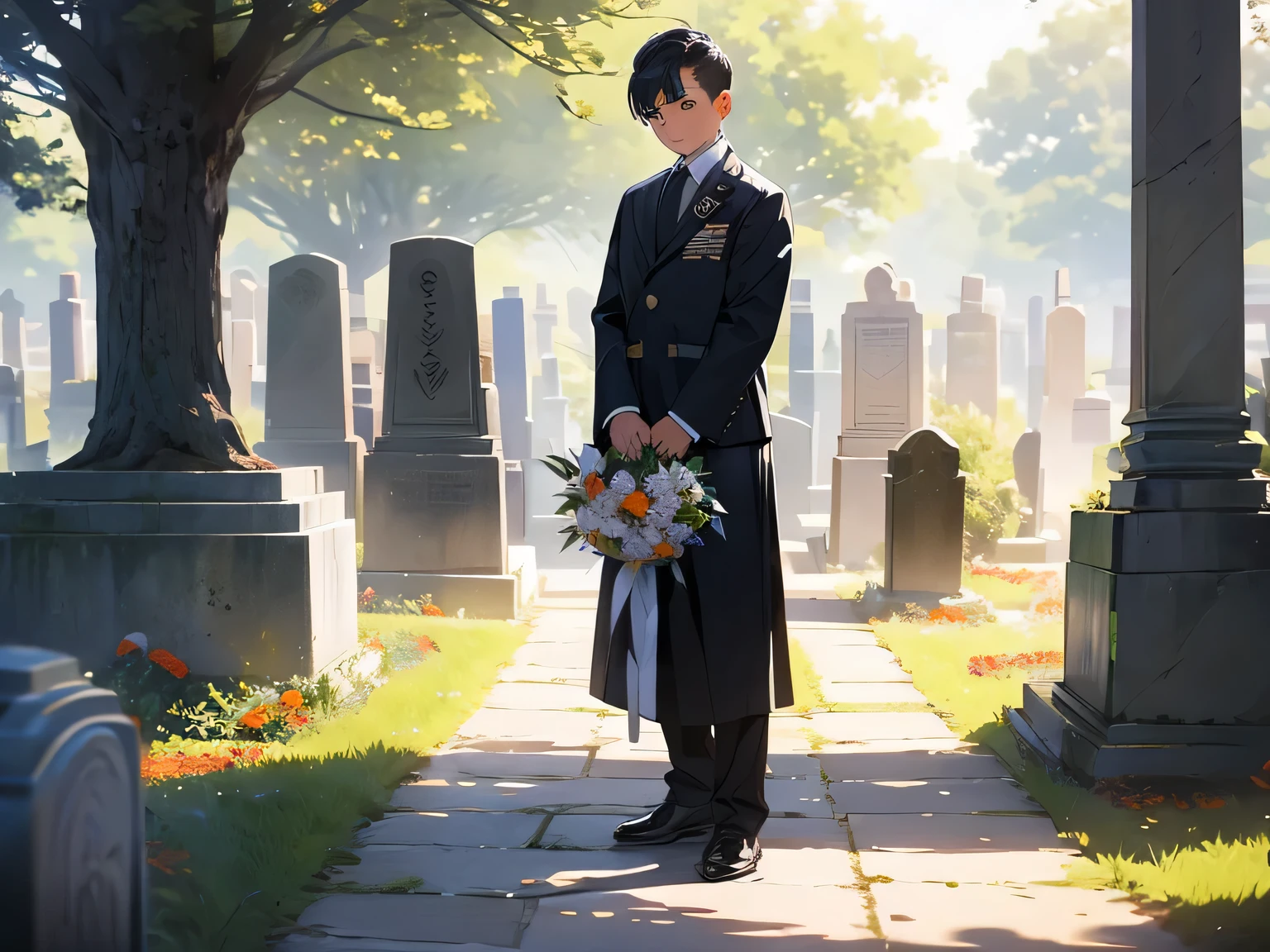Martyrs' Cemetery,There is a bouquet of flowers on the ground in front of the tombstone,(A young male:1.5),Memorial,miss,Stand in front of the tombstone,bow