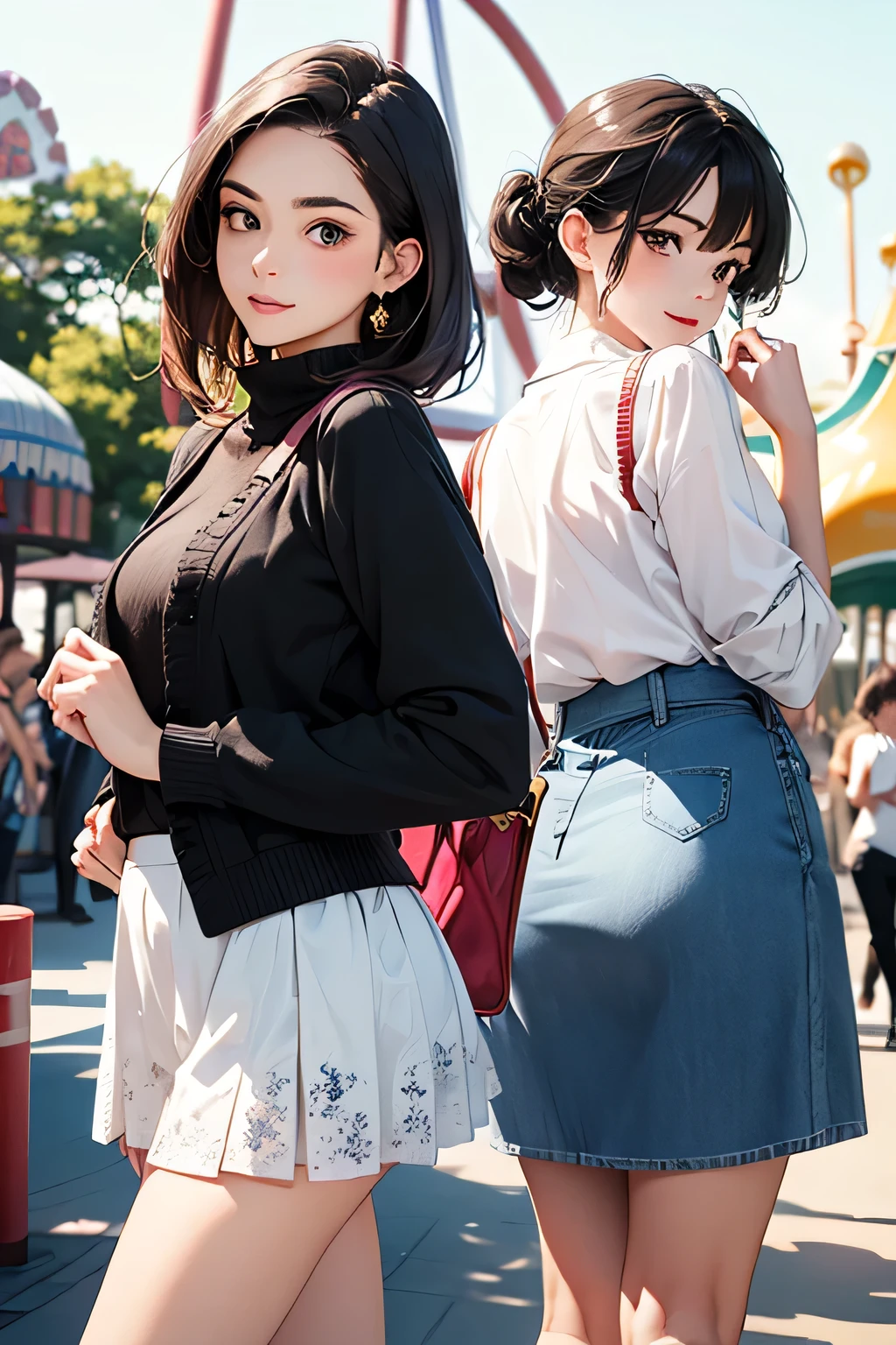 highest quality、High resolution、Detailed Background、(Beautiful face in every detail:1.4)、Anatomically correct、(Draw the usual number of fingers:1.2)、(Detailed facial expressions)、(Detailed eyes:1.2)、(Detailed eyes:1.2)、Beautiful, smooth skin、Teenage beauty、(Highly detailed face:1.4)、cute hair color、Brown Hair、Black Hair、Braided Ponytail、Braided bob cut、Braided long hair、well-groomed eyebrows、Perfect body line、Cowboy Shot、
(Three pretty girls having fun with friends at an amusement park:1.5)、
Looking at me with a big smile、
Choose a mini skirt in a bright spring color.、Flared skirts and pleated skirts are fashionable.、Pair it with a simple camisole top for a lighter look.、If you want to keep it casual, pair it with a denim jacket and sneakers.、
Choose a mini skirt with a spring-like pattern or botanical print.、A-line and tight skirts are fashionable.、Pair the top with a blouse that has frills or lace details for a feminine look.、At my feetPair with heels or ballet shoes for a neat look.、
Choose a pleated mini skirt for a feminine look、Pastel colors and patterns are fashionable、Pair it with a light knit top or sweater for a spring look.、At my feet、Pair with loafers or heels、Add a neat look、cute