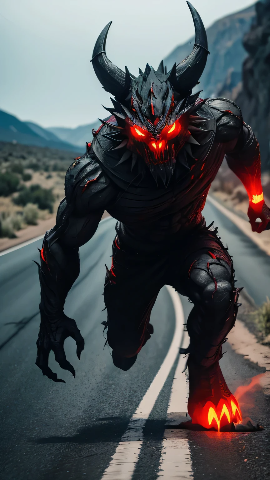 A scary monster made of rock running on the road in plains with red glowing eyes