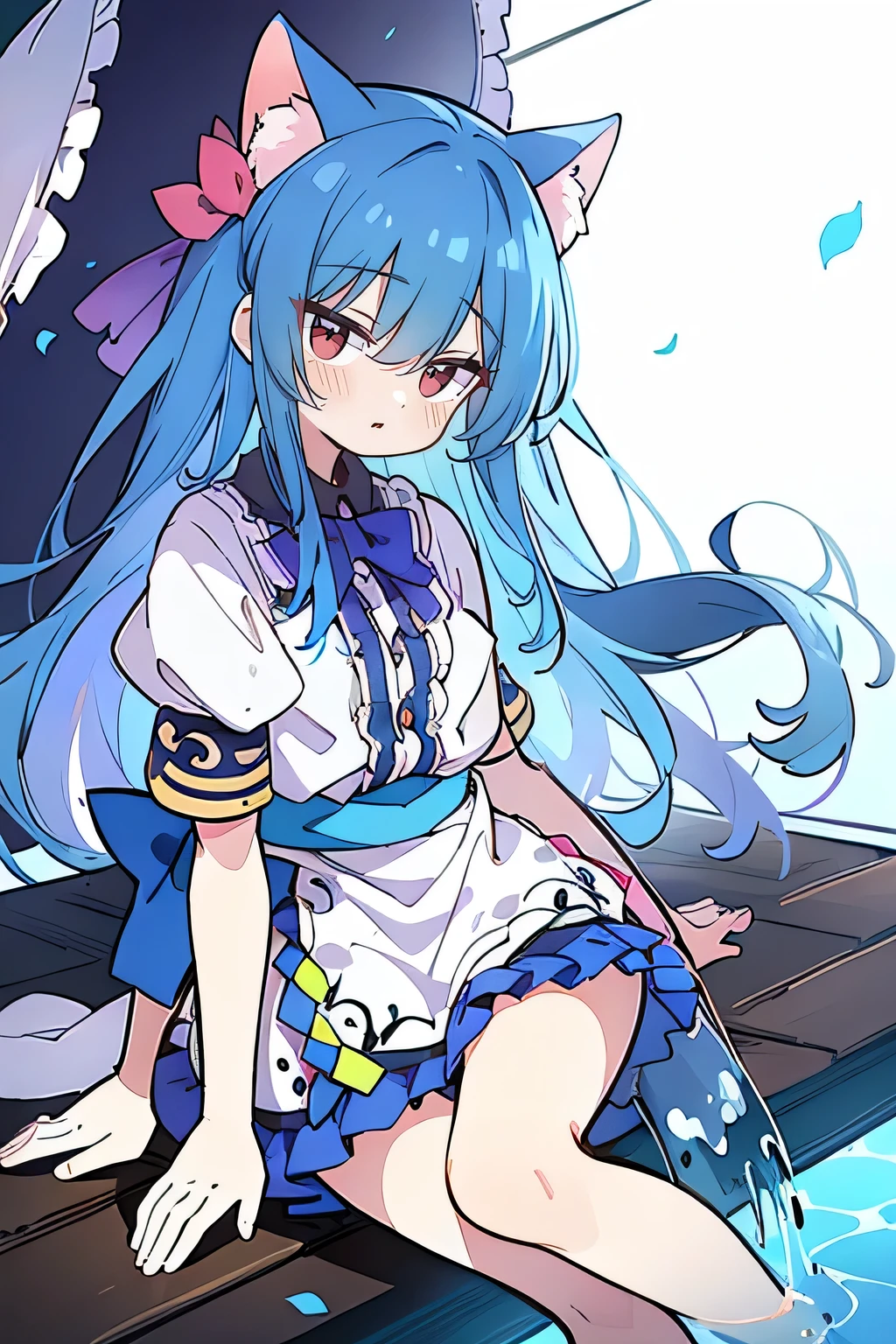 (masterpiece:1.2),ultra-detailed,realistic,expressive eyes,fair-skinned,perfectly shaped face,1girl,
Japanese cartoons,Gorgeous blue hair, flowing blue hair,floating clothes,cat ears,petals falling,beautiful Lola,Hina Angel,
hands on waist,gracefully sitting on the ground,legs crossed,gentle and serene background,cool and comfortable pavilion,shy face ,night .