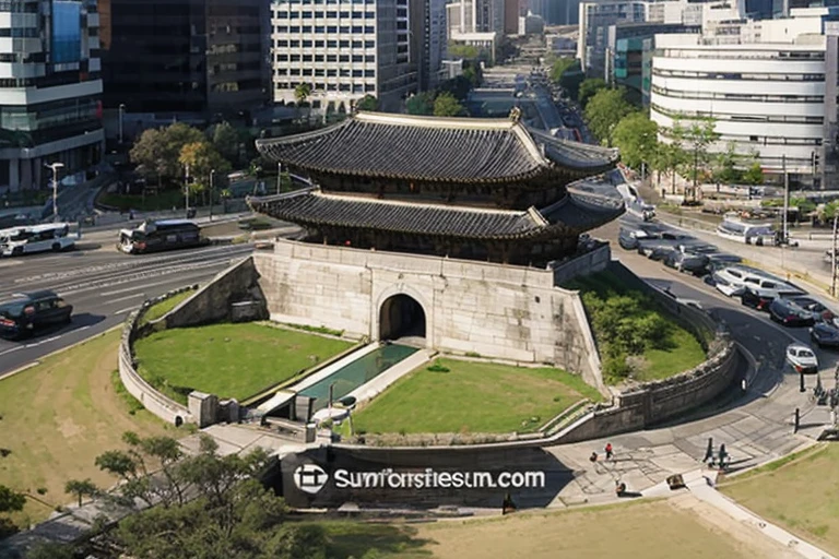 Draw a daytime scene in which Sungnyemun Gate and the surrounding modern buildings are well harmonized.