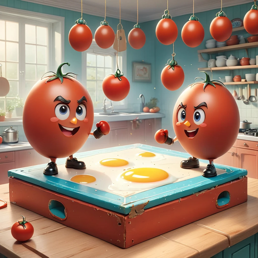 A whimsical kitchen-style boxing ring，Boxing match between egg and tomato，Cartoon，illustration，cute，Kitchen-style boxing ring in the background，Eggs wearing miniature gloves and determined smiles，Tomato wearing boxing gloves，场景充满活力且Cartoon化，The scene is lively and lively，Capturing a unique friendship scene