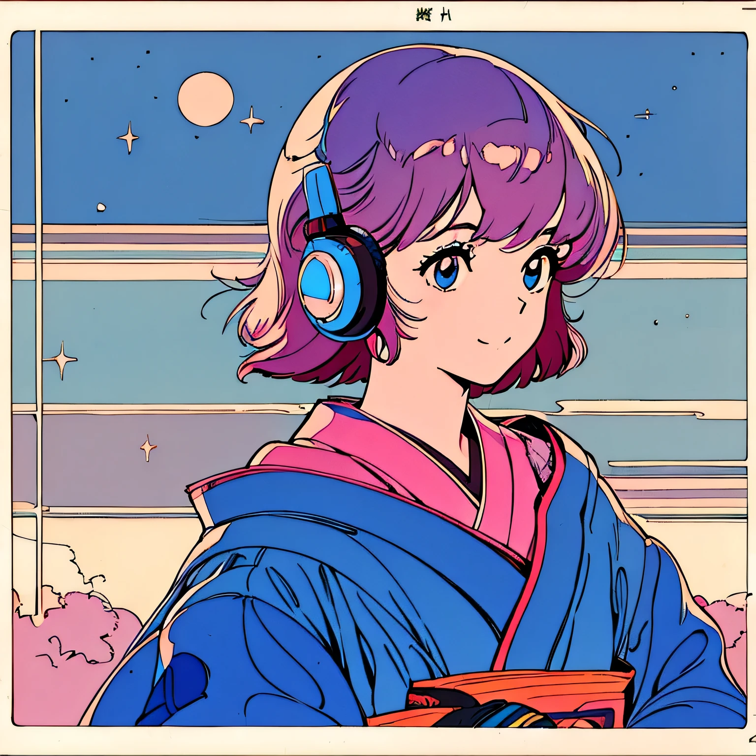 master piece, City Pop style, Pink Hair, fluffy bob cut, wearing headphones, shoulder length, alone, Futuristic, yet, lofi, retro, vintage, Ghost, light smile, starry night sky, ((kimono)), looking away, ((cyborg)),((