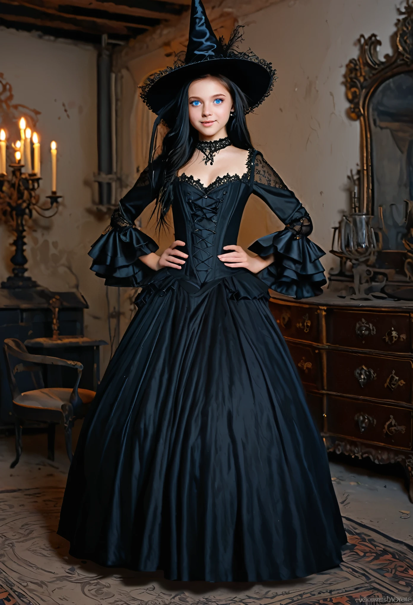 best quality,ultra-detailed,realistic,photorealistic,blue-eyed,long-haired girl looks happy,beautiful detailed eyes,beautiful detailed lips,long eyelashes,best quality painting,detailed,physically-based rendering,ultra-fine painting,fine details,painting,a teenage boy has been magically transformed into a cute witch girl,gender bending,witches are helping dressing up the new girl,girl happily getting dressed in a stunning black victorian dress, physically-based rendering,gorgeous dress design,flowing gown,elaborate lace details,rich textures,contrast stitching,delicate ribbon bows,floral accents,full skirt,high neckline,long sleeves,fitted waistline,flared cuffs,lace-up back,luxurious fabrics,flawless silhouette,high heels, pink-eyed girl,effeminate face,pointy hat,high heels,corset,long black hair,witches assisting in dressing up the new girl in a stunning black Victorian dress, inside an abandoned castle with worned out furniture and occult symbol,moonlit night with a full moon shining above, soft and ethereal lighting, high resolution, 4K, 8K