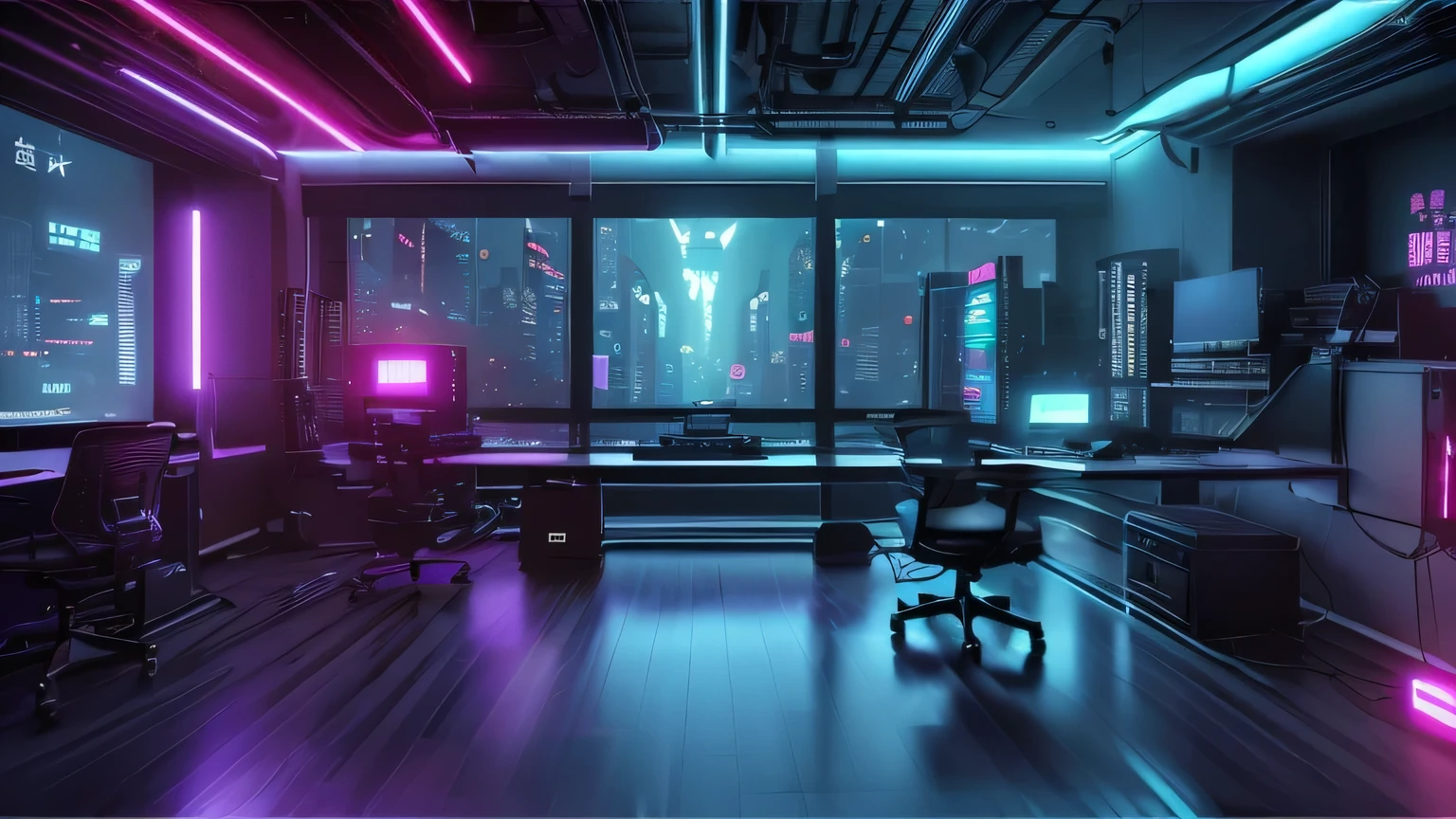 Realistic neon studio setup in the room,Cyberpunk Background,Front view,There is a big window behind,There is also a desk.。Do not show tasks and chairs。