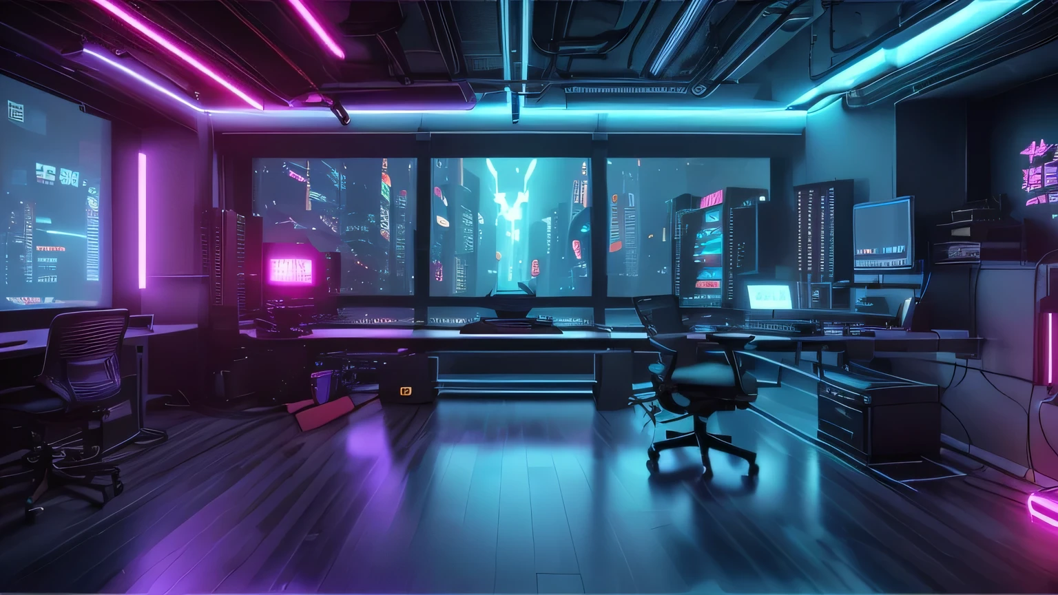 Realistic neon studio setup in the room,Cyberpunk Background,Front view,There is a big window behind,There is also a desk.。Do not show tasks and chairs。