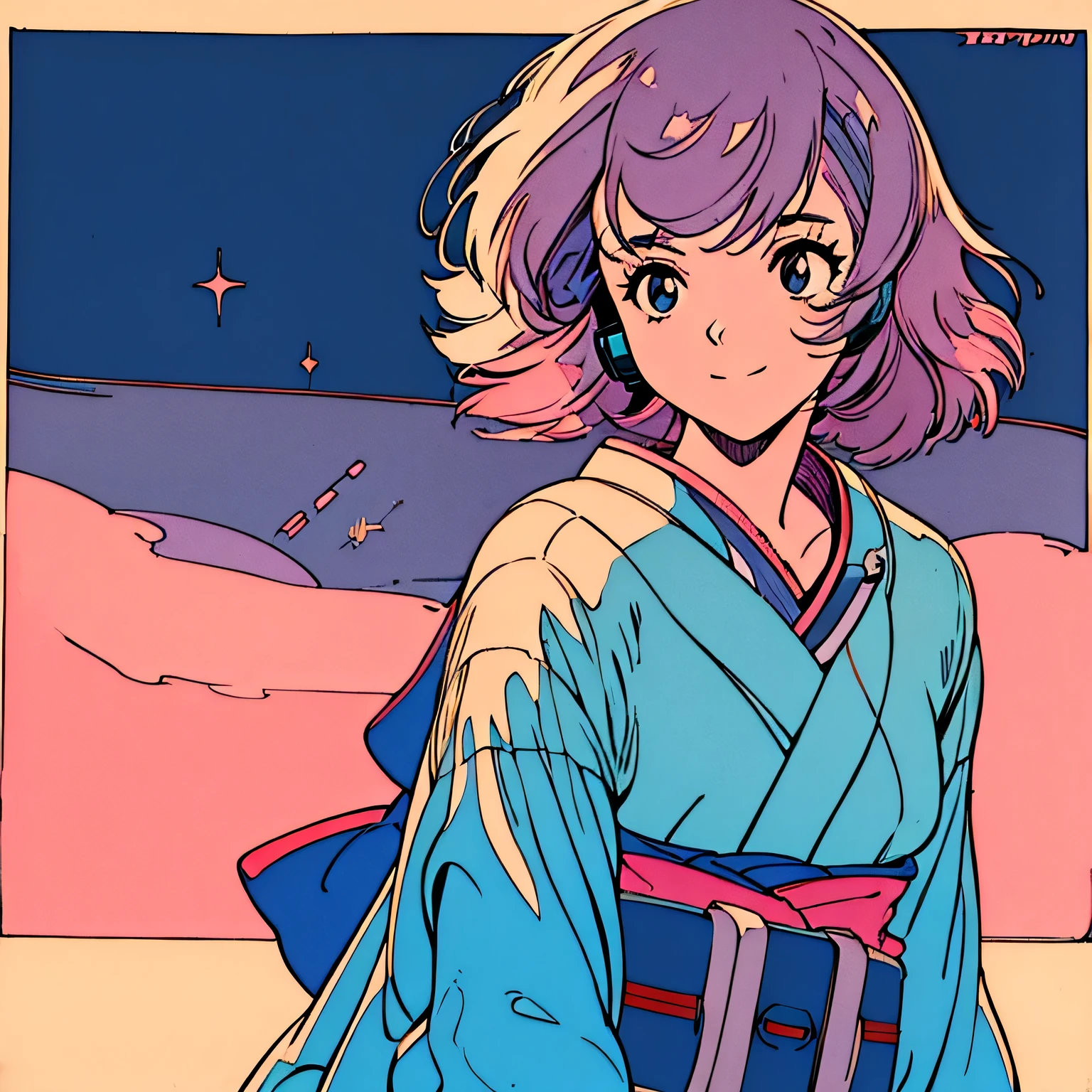 master piece, City Pop style, Pink Hair, fluffy bob cut, wearing headphones, shoulder length, alone, Futuristic, yet, lofi, retro, vintage, Ghost, light smile, starry night sky, ((kimono)), looking away, ((cyborg))