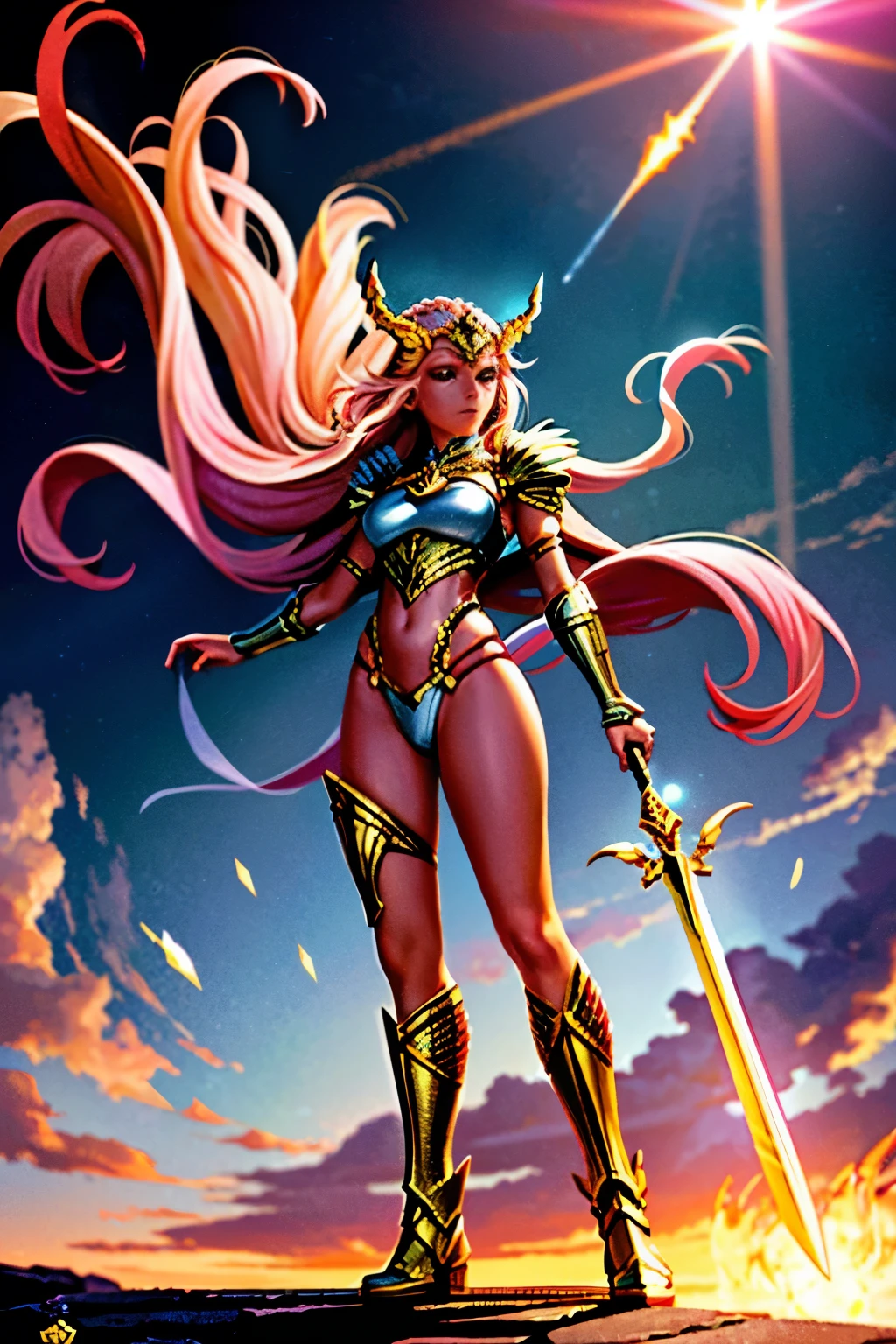 She-ra, a magnificent warrior princess in full body figure, stands against the backdrop of a breathtaking sunrise. Camera effects of soft focus and warm colors illuminate her radiant features, enhancing the intricate details of her armor and flowing hair. The golden sunlight reflects off her metallic sheath, creating an ethereal glow that envelopes her regal presence. Her piercing gaze sets the scene ablaze as she holds her sword high, ready to protect and defend with unwavering determination. This high-resolution masterpiece is a testament to the awe-inspiring essence of the legendary heroine, She-ra.