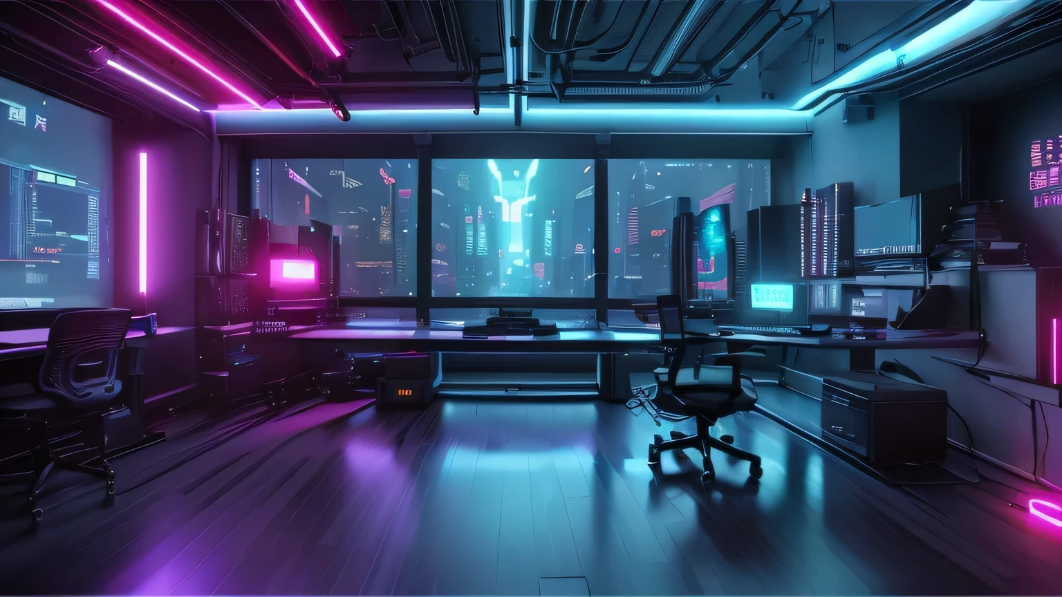 Realistic neon studio setup in the room,Cyberpunk Background,Front view,There is a big window behind,There is also a desk.。No people or chairs。