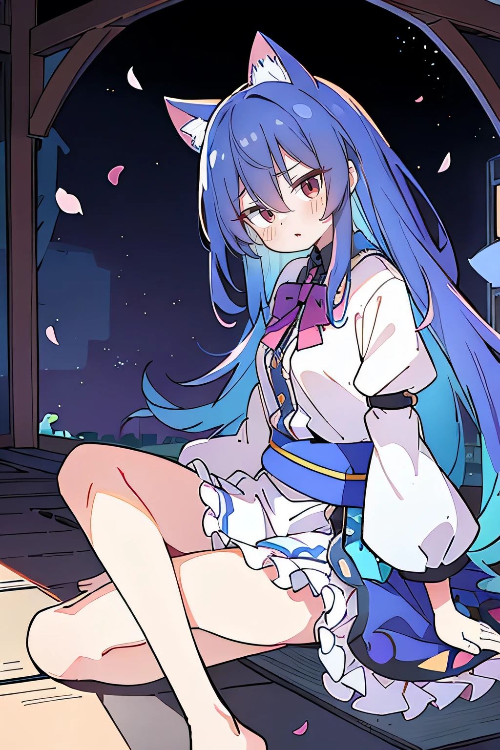 (masterpiece:1.2),ultra-detailed,realistic,expressive eyes,fair-skinned,perfectly shaped face,1girl,
Japanese cartoons,Gorgeous blue hair, flowing blue hair,floating clothes,cat ears,petals falling,beautiful Lola,Hina Angel,
hands on waist,gracefully sitting on the ground,legs crossed,gentle and serene background,cool and comfortable pavilion,shy face ,night .