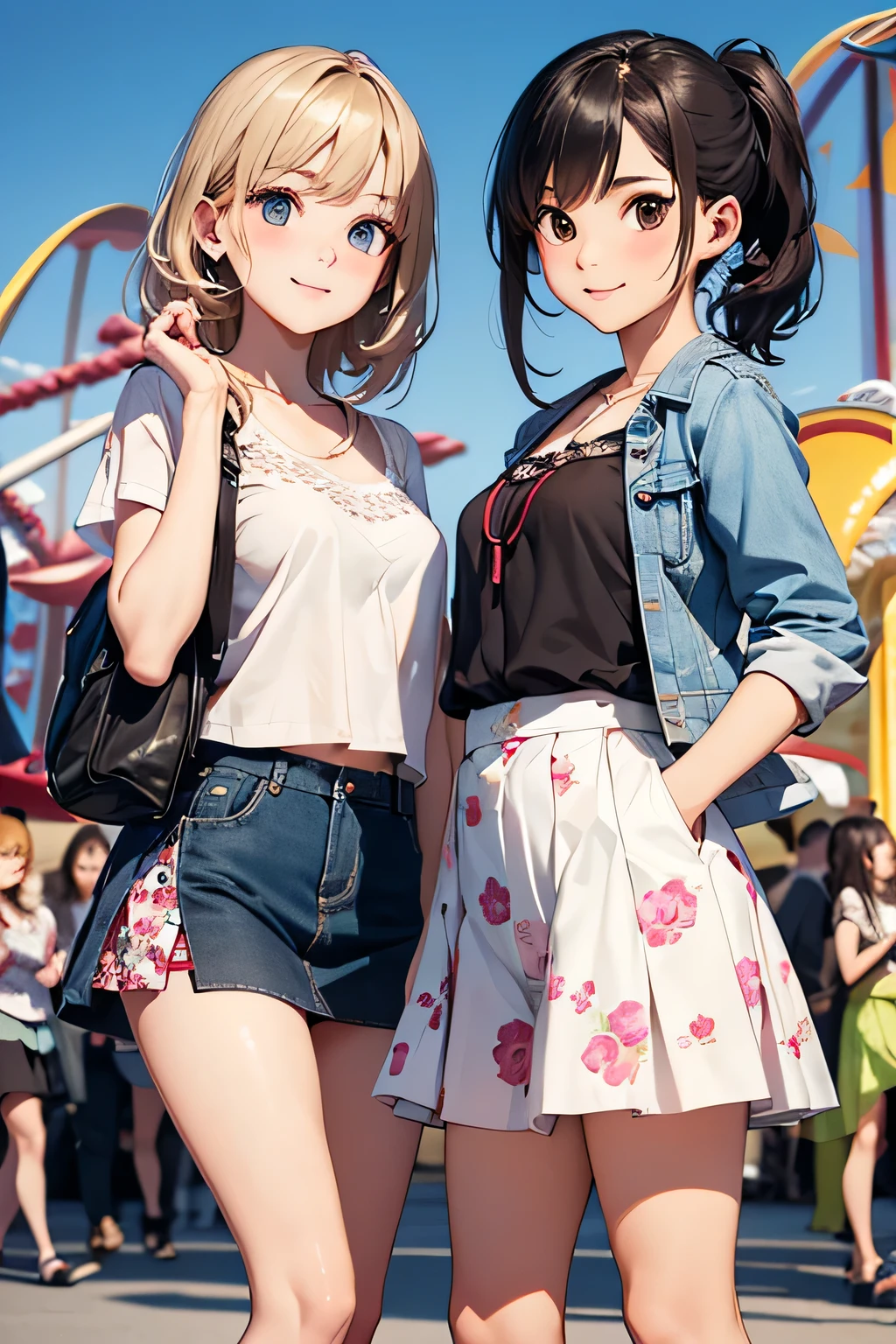 highest quality、High resolution、Detailed Background、(Beautiful face in every detail:1.4)、Anatomically correct、(Draw the usual number of fingers:1.2)、(Detailed facial expressions)、(Detailed eyes:1.2)、(Detailed eyes:1.2)、Beautiful, smooth skin、Teenage beauty、(Highly detailed face:1.4)、cute hair color、Brown Hair、Black Hair、Braided Ponytail、Braided bob cut、Braided long hair、well-groomed eyebrows、Perfect body line、Cowboy Shot、
(Two pretty girls having fun with friends at an amusement park:1.5)、
Looking at me with a big smile、
Choose a mini skirt in a bright spring color.、Flared skirts and pleated skirts are fashionable.、Pair it with a simple camisole top for a lighter look.、If you want to keep it casual, pair it with a denim jacket and sneakers.、
Choose a mini skirt with a spring-like pattern or botanical print.、A-line and tight skirts are fashionable.、Pair the top with a blouse that has frills or lace details for a feminine look.、At my feetPair with heels or ballet shoes for a neat look.、
Choose a pleated mini skirt for a feminine look、Pastel colors and patterns are fashionable、Pair it with a light knit top or sweater for a spring look.、At my feet、Pair with loafers or heels、Add a neat look、cute