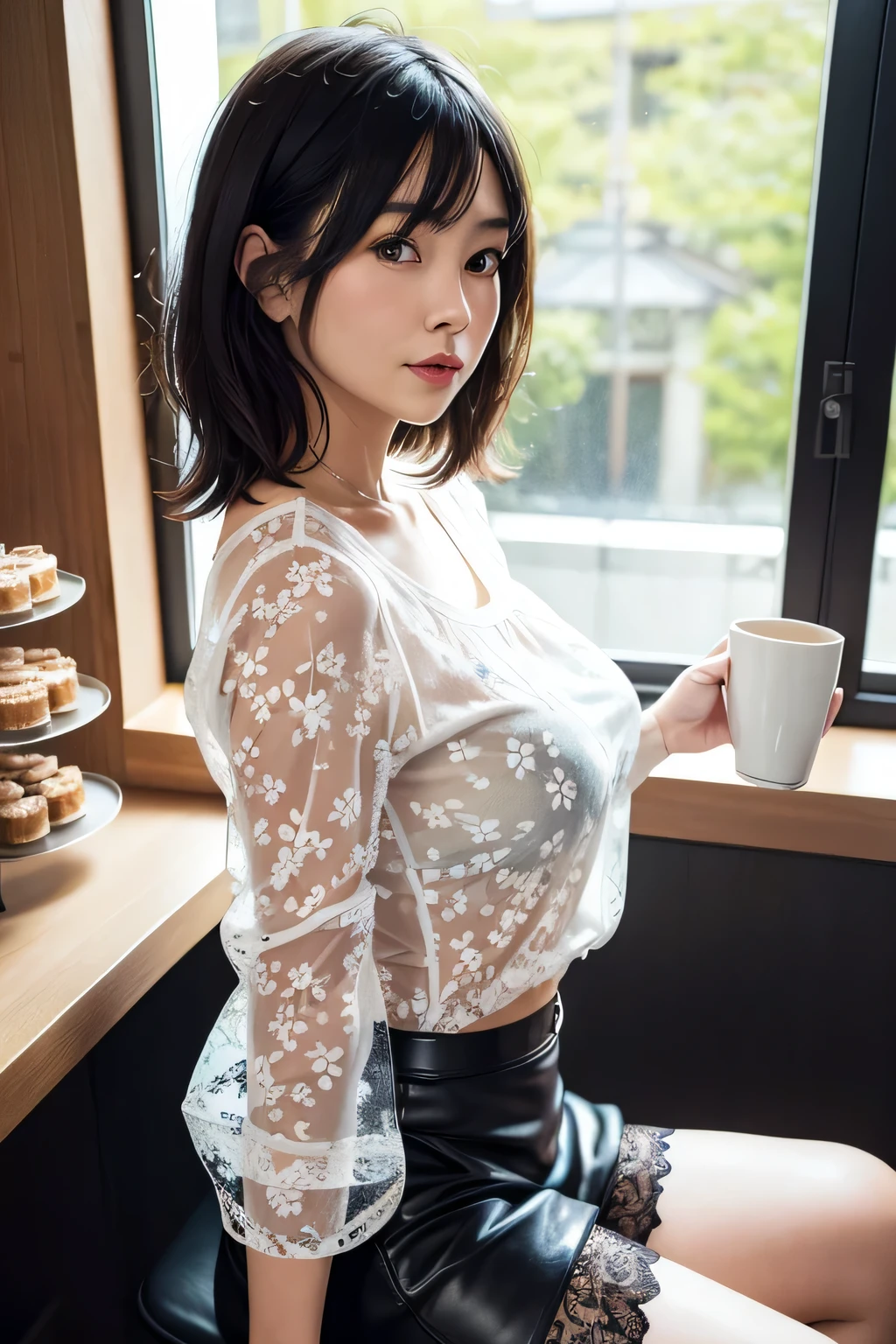 (High Definition), One Female, Japan Person, Cute, Black Hair Short, wearing Floral Print Round Neck Short Bubble Sleeve Blouse & Fake leather miniskirt, Exposing lace hipster briefs WHITE see-through for Female, from side pose View, nsfw, Straddling a chair, by window at large Coffee & Sweets room, A Cup of coffee & Cake, Natural Light,