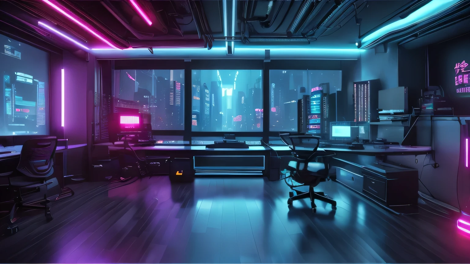 Realistic neon studio setup in the room,Cyberpunk Background,Front view,There is a big window behind,There is also a desk.。No people or chairs。