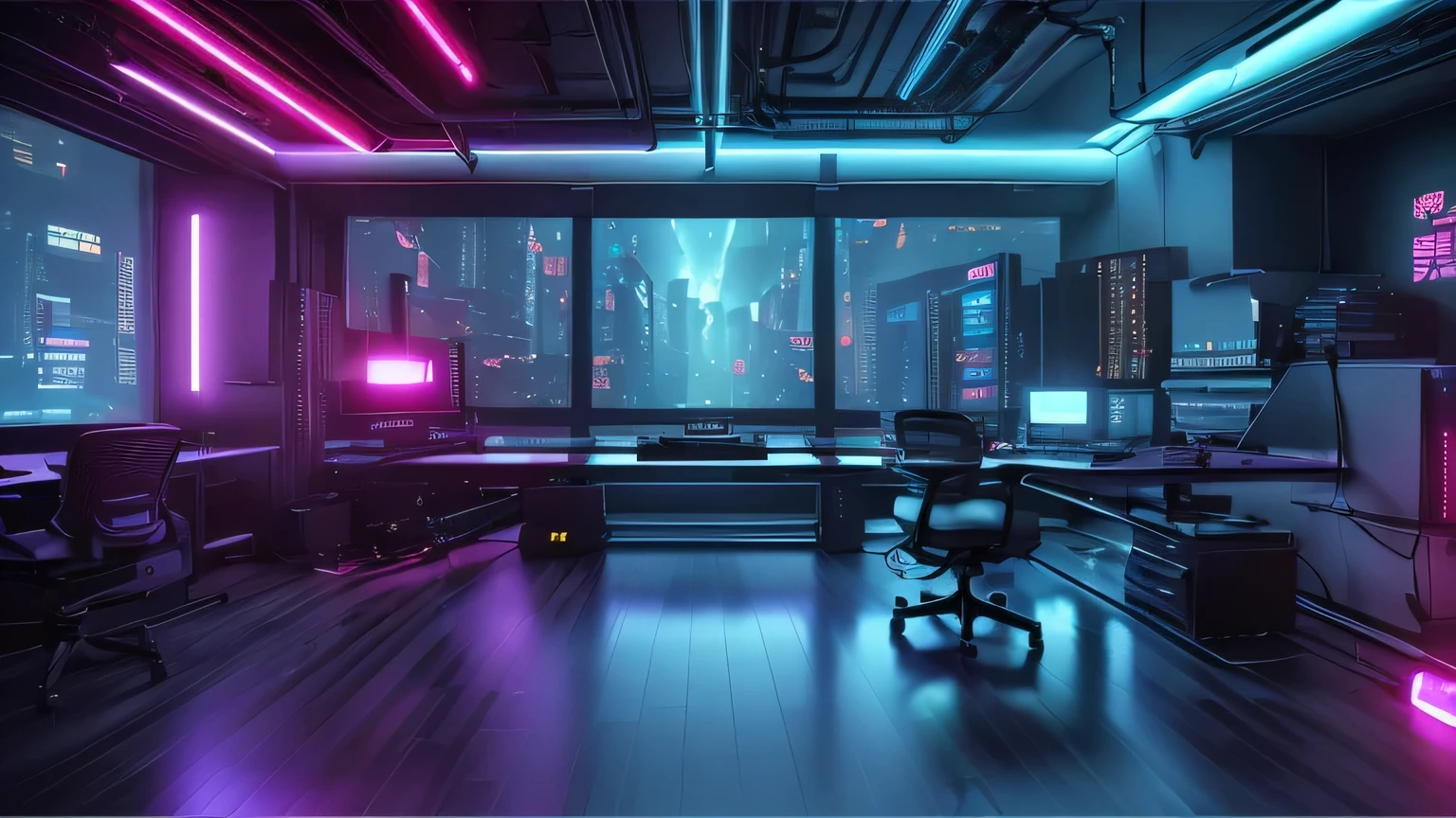 Realistic neon studio setup in the room，Cyberpunk Background，Front view，There is a big window behind，There is also a desk.。No people or chairs。