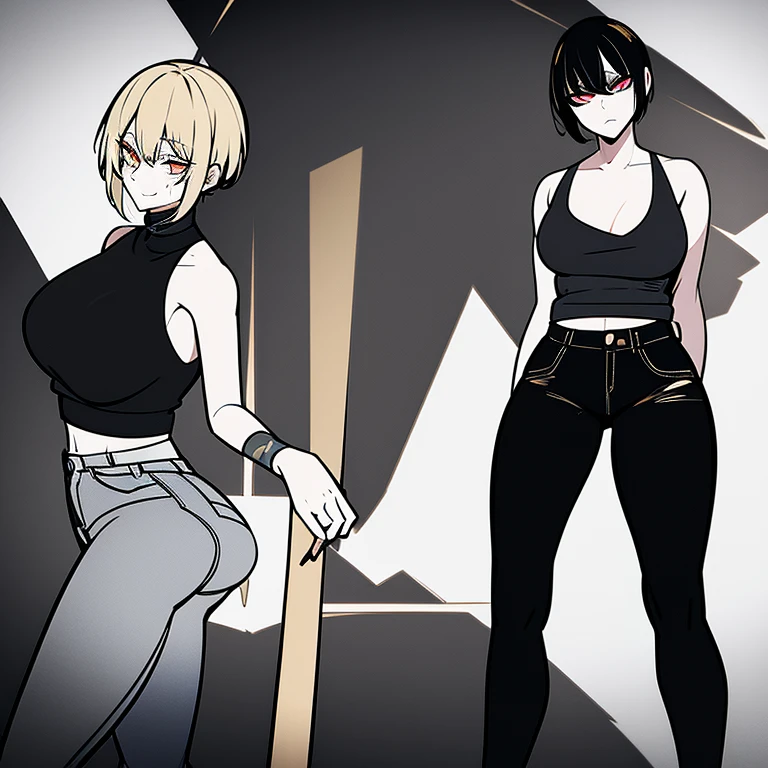 Woman with cuts and brusies and black hair that fades to blonde on the bottom tips, glowing golden eyes wearing black sleeveless sweater aswell as black jeans