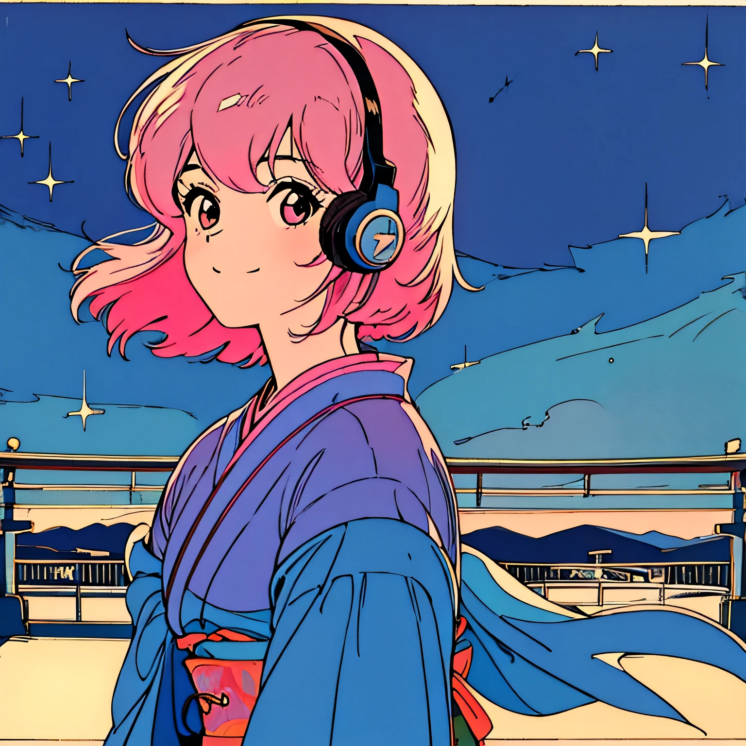 master piece, City Pop style, Pink Hair, fluffy bob cut, wearing headphones, shoulder length, alone, Futuristic, yet, lofi, retro, vintage, Ghost, light smile, starry night sky, ((kimono)), torii, Kyoto, looking away