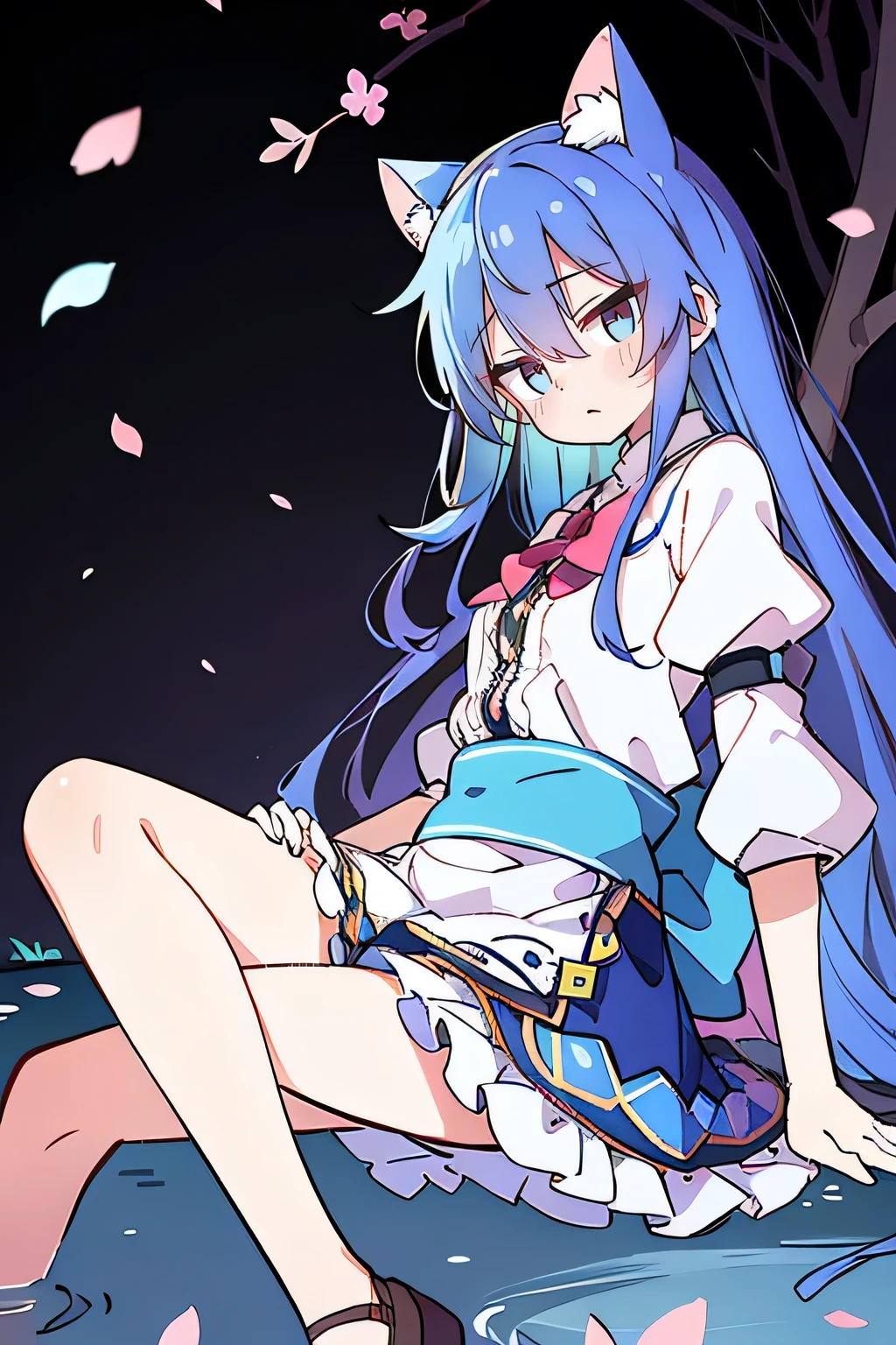 (masterpiece:1.2),ultra-detailed,realistic,expressive eyes,fair-skinned,perfectly shaped face,1girl,
Japanese cartoons,Gorgeous blue hair, flowing blue hair,floating clothes,cat ears,petals falling,beautiful Lola,Hina Angel,
hands on waist,gracefully sitting on the ground,legs crossed,gentle and serene background,cool and comfortable pavilion,shy face ,night .