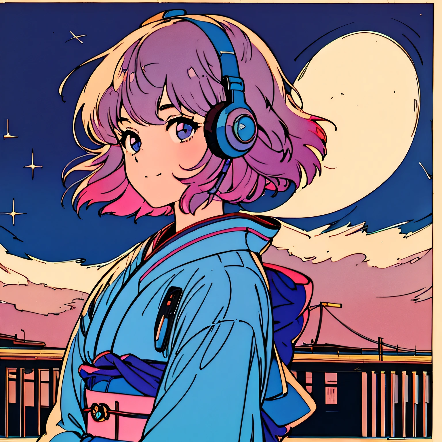 master piece, City Pop style, Pink Hair, fluffy bob cut, wearing headphones, shoulder length, alone, Futuristic, yet, lofi, retro, vintage, Ghost, light smile, starry night sky, ((kimono)), torii, Kyoto, looking away